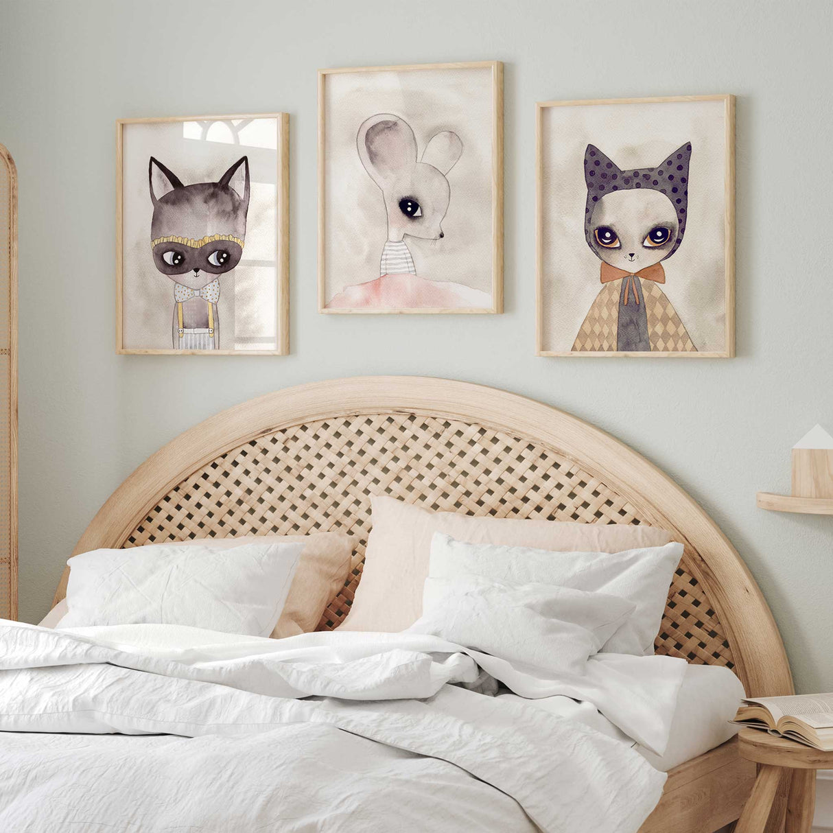 Gentle watercolour mouse wall art print styled for girls’ bedroom or playroom.