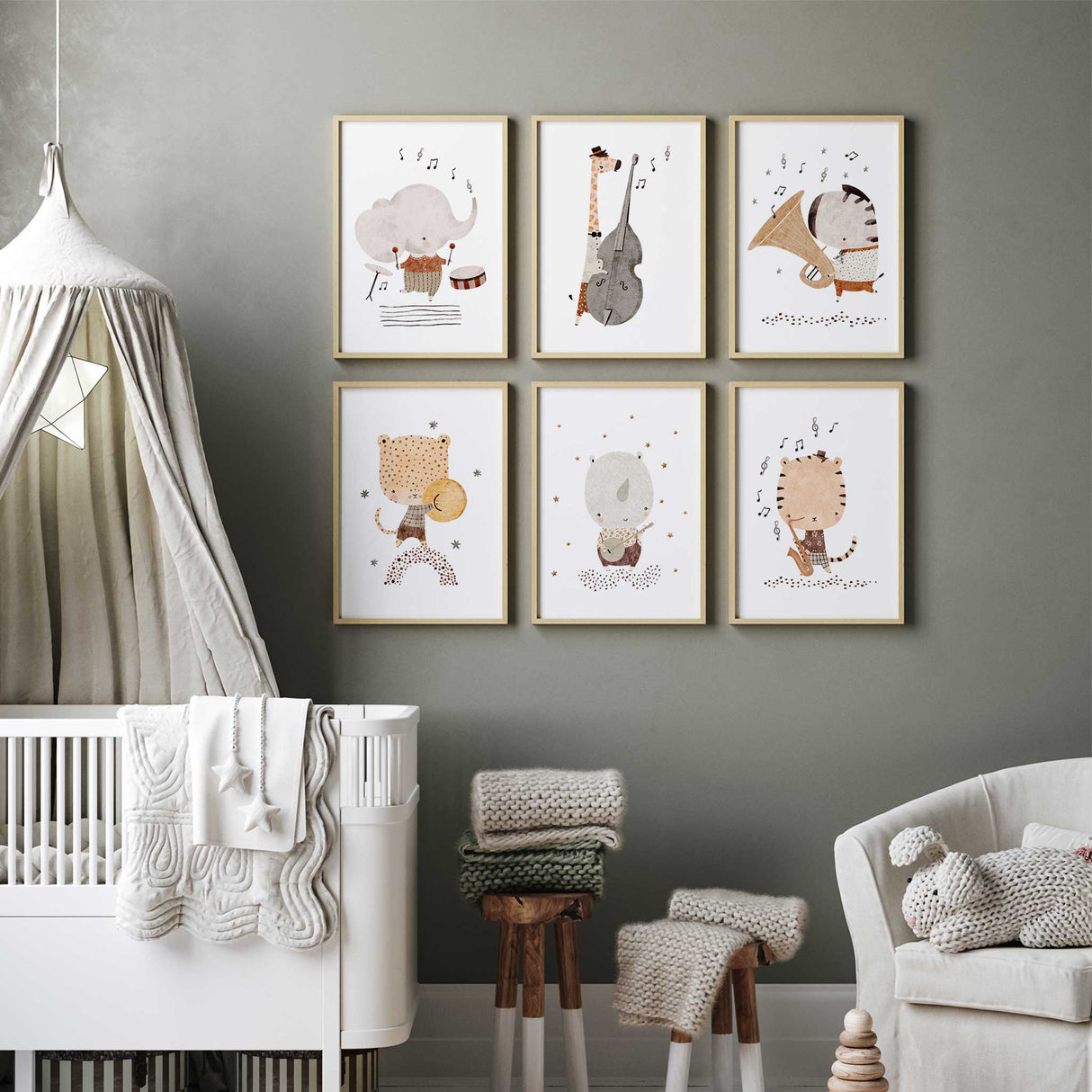 Safari animal music wall art set for nursery or kids bedroom, neutral colour prints featuring adorable animal musicians.