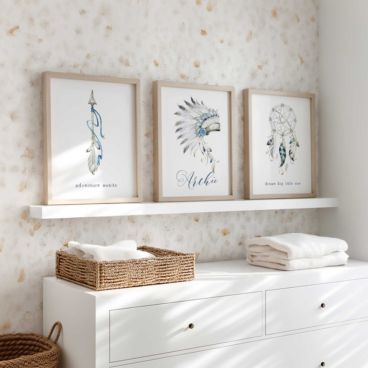 Native American inspired nursery prints set with feather headdress, dreamcatcher, arrow and personalised name
