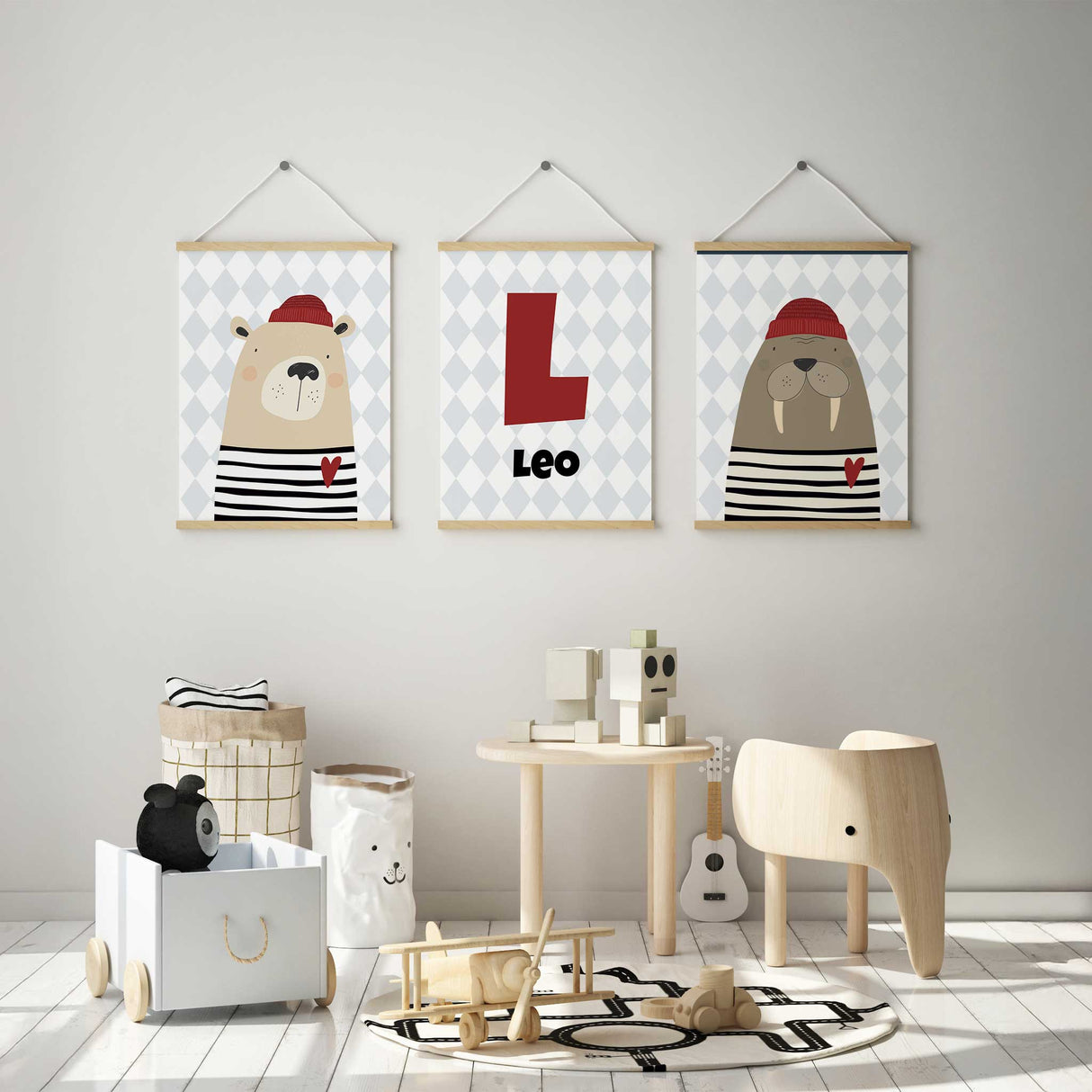 Set of 3 nautical nursery prints featuring a bear, walrus, and personalised initial art.
