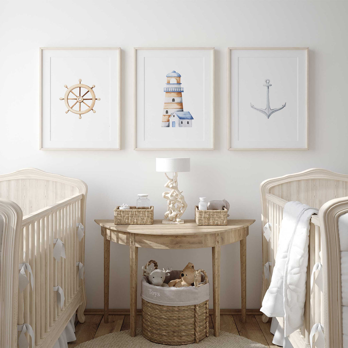 Nautical nursery wall art set featuring anchor, lighthouse, and ship wheel prints for boys' bedrooms