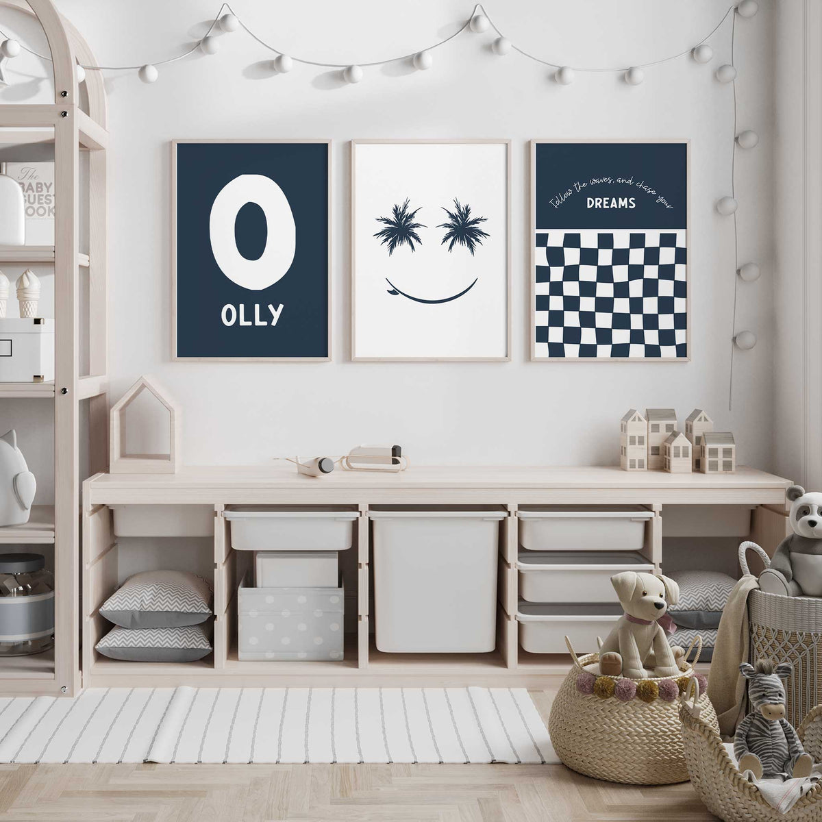 Navy personalised surf prints showing name and initial, a palm tree smiley face and wavy checkerboard quote.