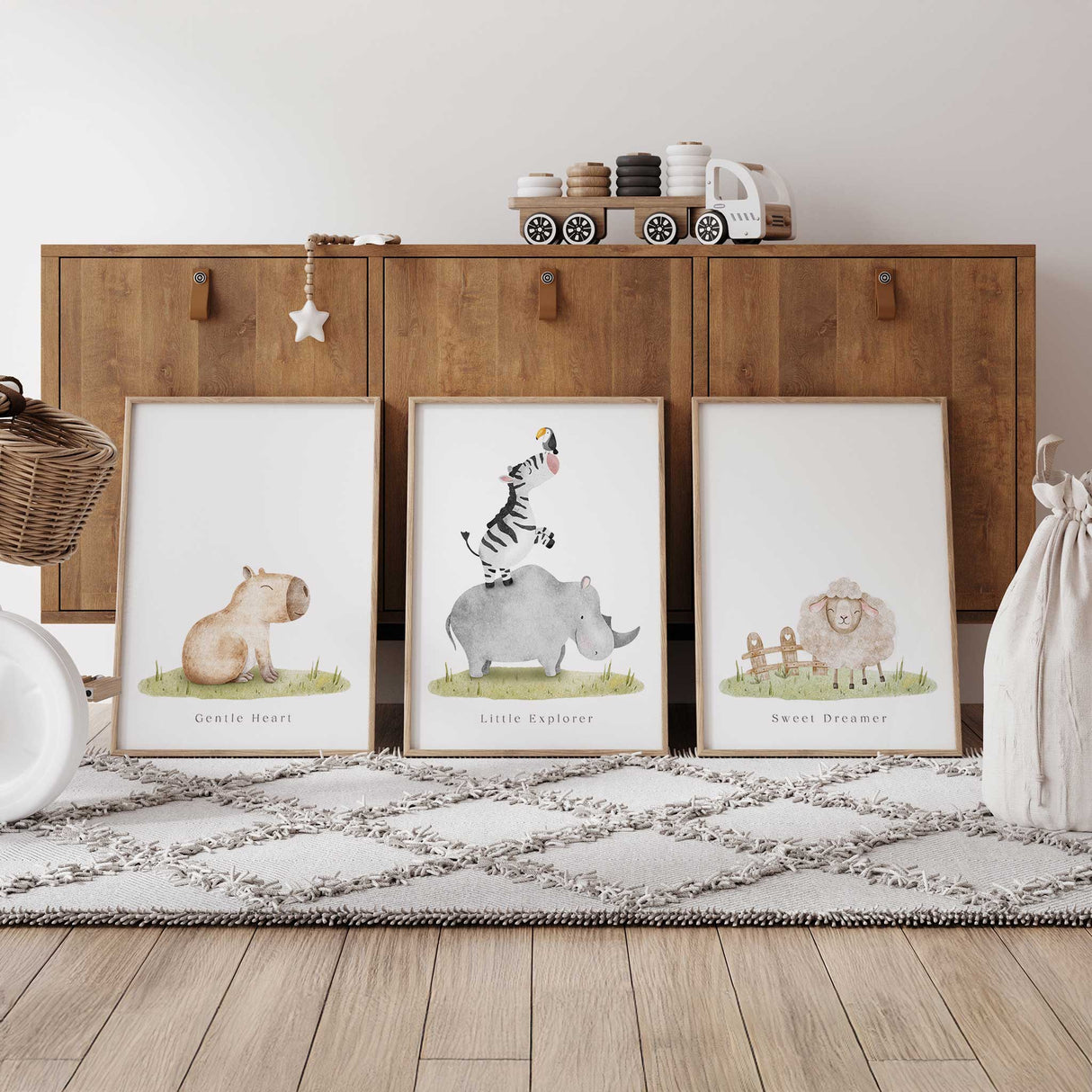 Neutral animal nursery prints set of 3 with capybara rhino zebra and sheep wall art