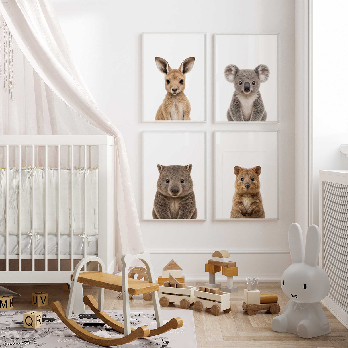 Neutral Australian animal baby room art set with four framed nursery prints