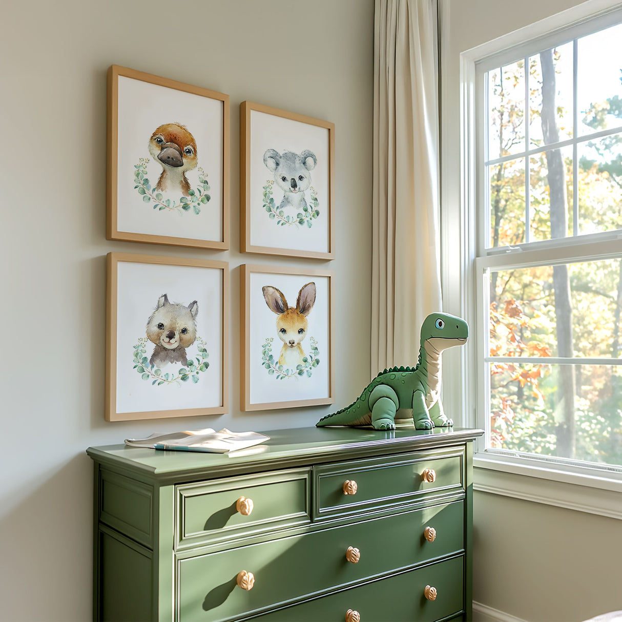 Neutral Australian animal nursery wall art with platypus, koala, wombat and kangaroo