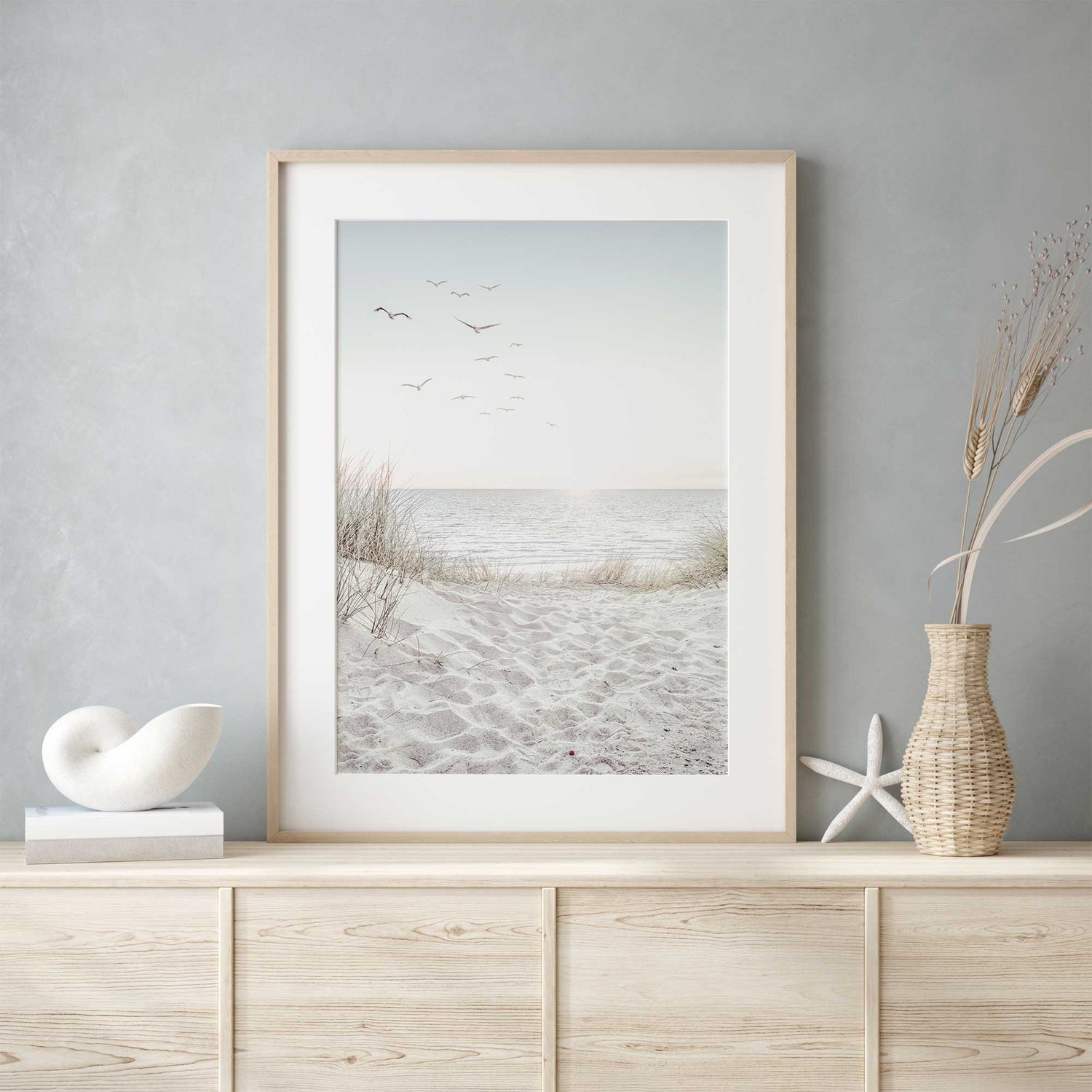 Neutral coastal beach wall art print perfect for modern living room décor.