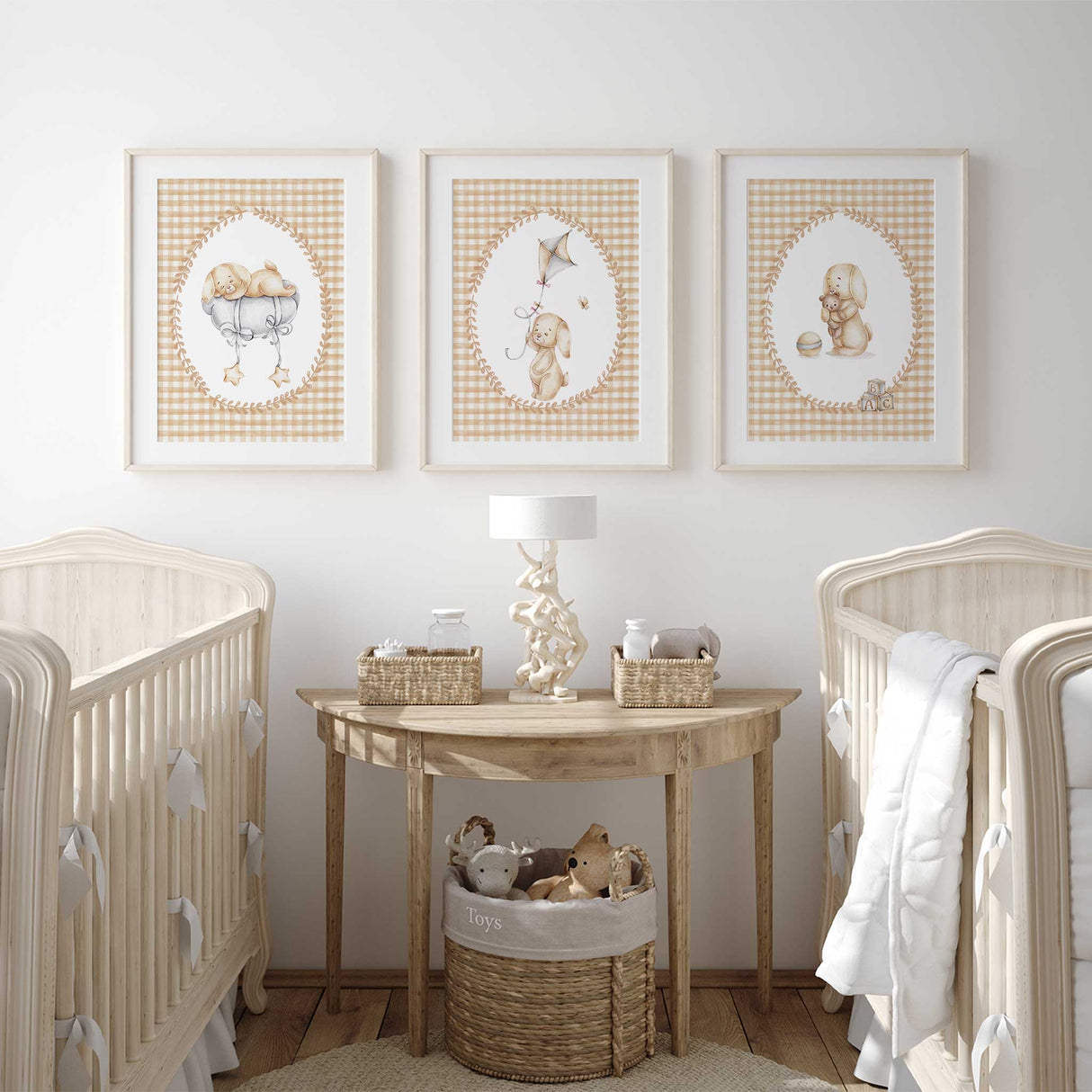 Neutral beige bunny nursery prints in soft vintage style