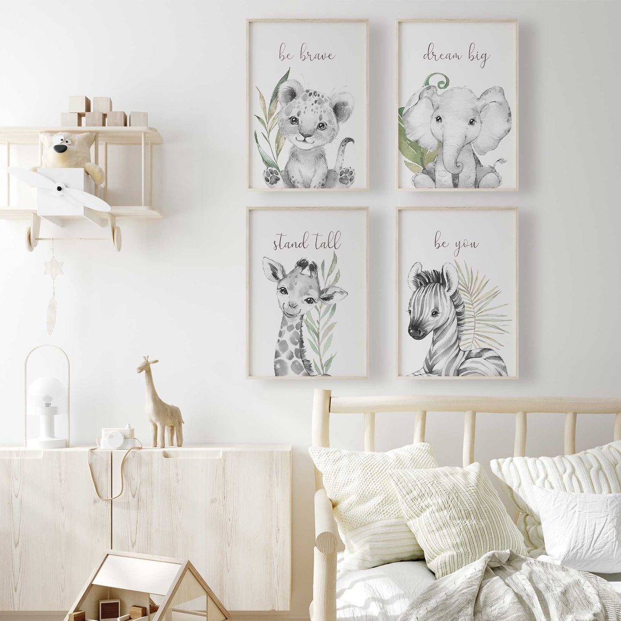 neutral black and white safari animal wall art for nursery