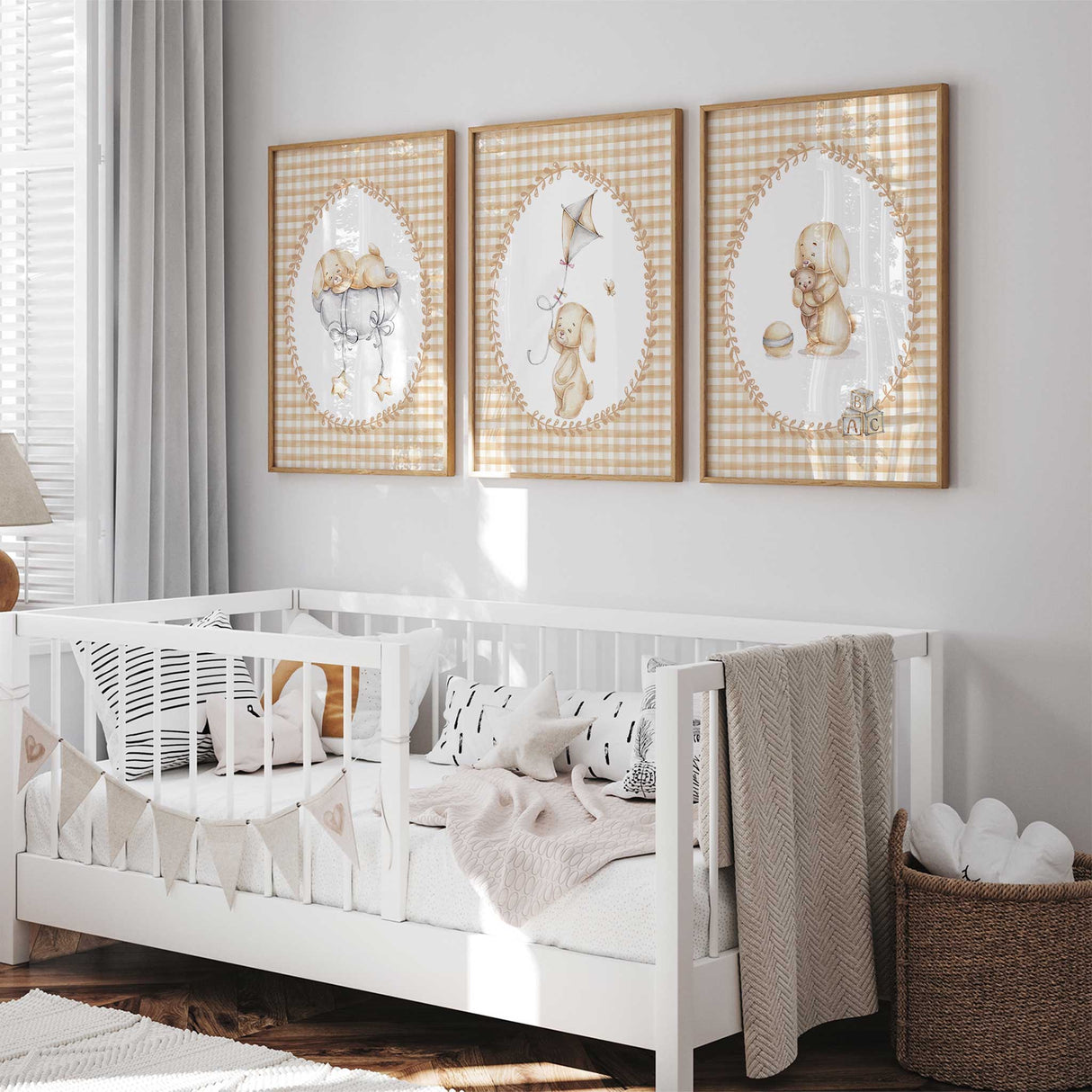 Neutral bunny nursery prints set of three with beige gingham background