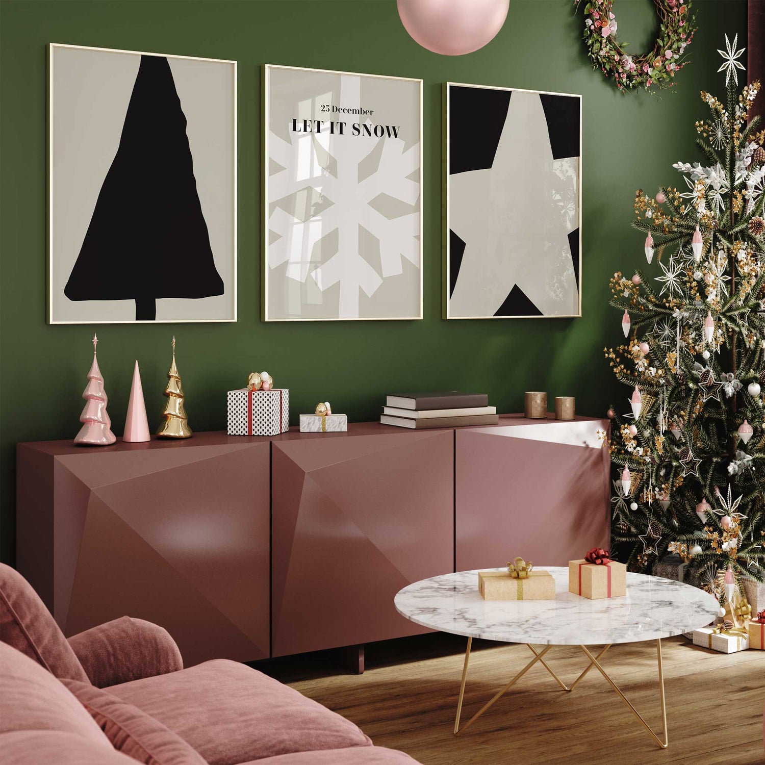 Neutral Christmas wall decor in beige and black tones for modern homes.