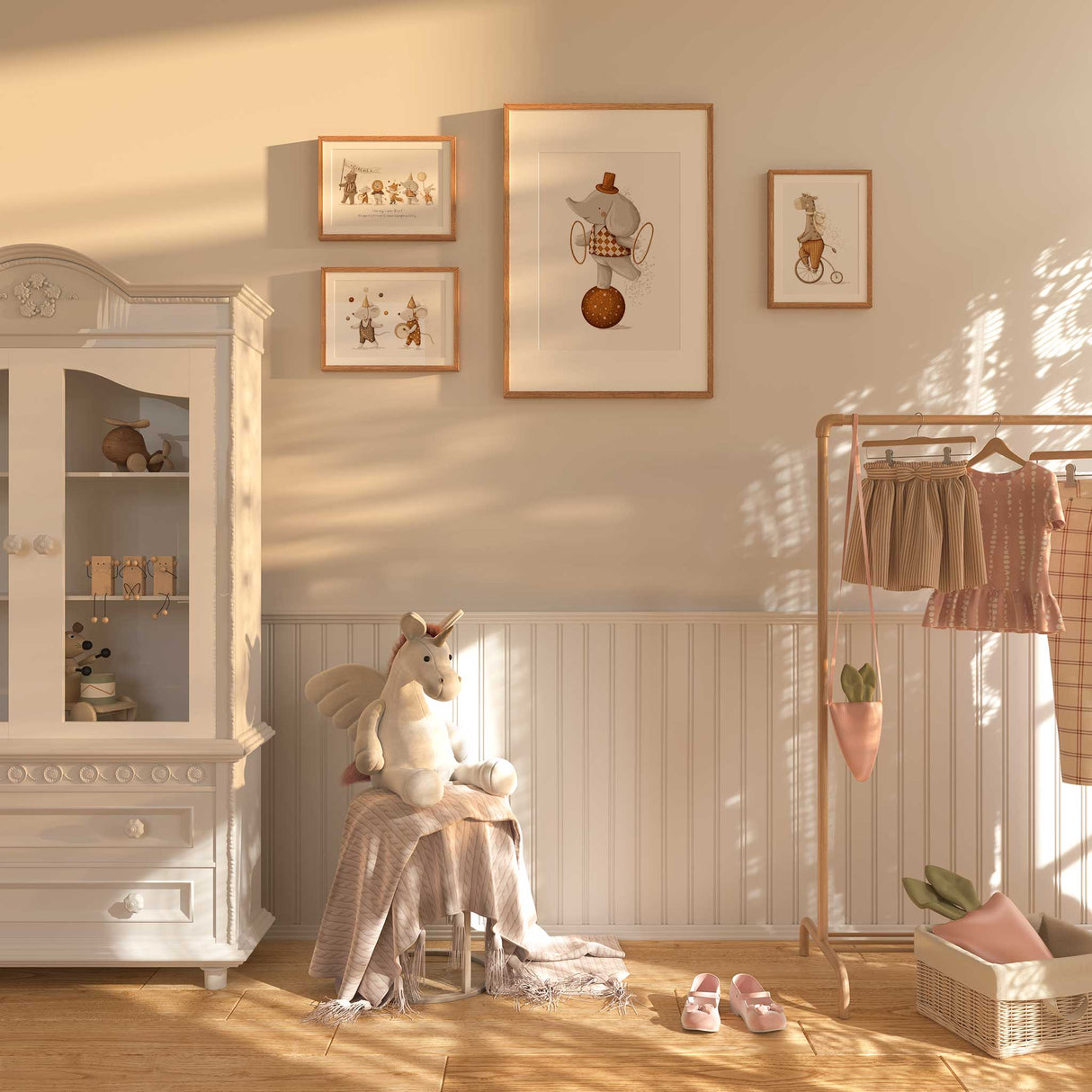 Neutral circus theme nursery art set with illustrated characters in soft beige and brown for kids rooms.