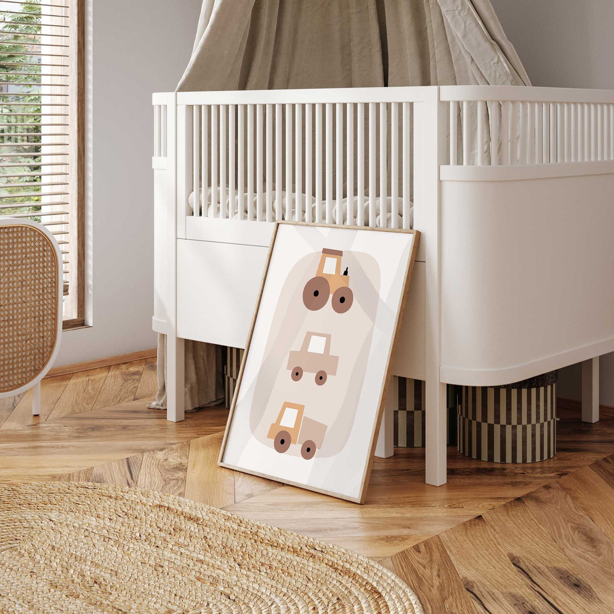 Neutral construction nursery wall art print featuring tractor, truck and dump truck illustrations in soft beige tones
