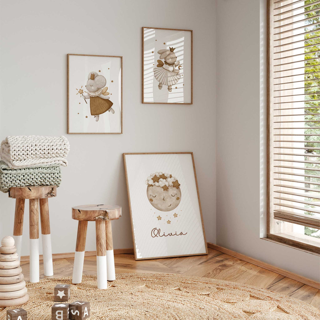 neutral fairy and moon nursery prints designed for a calm baby girl room