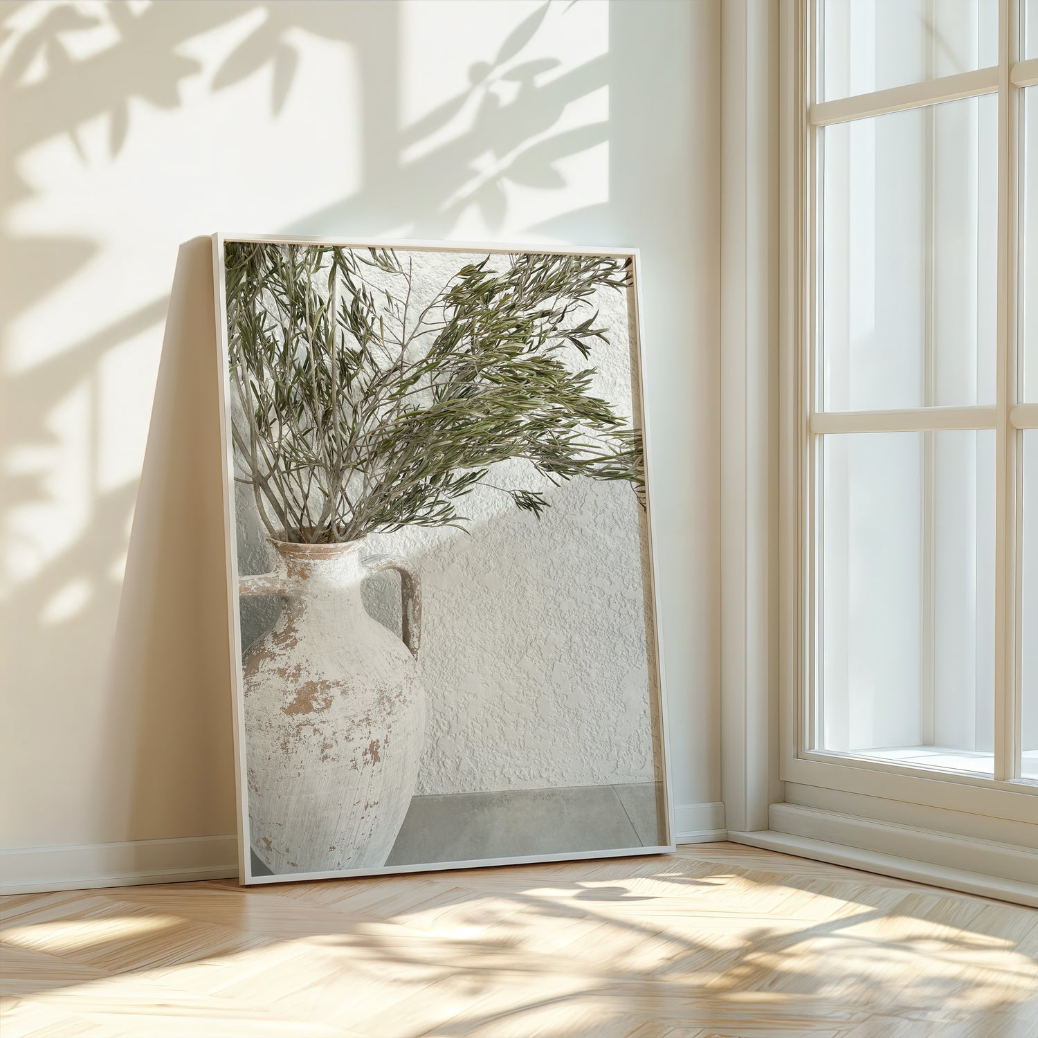 Close-up of rustic vase with greenery for home wall art