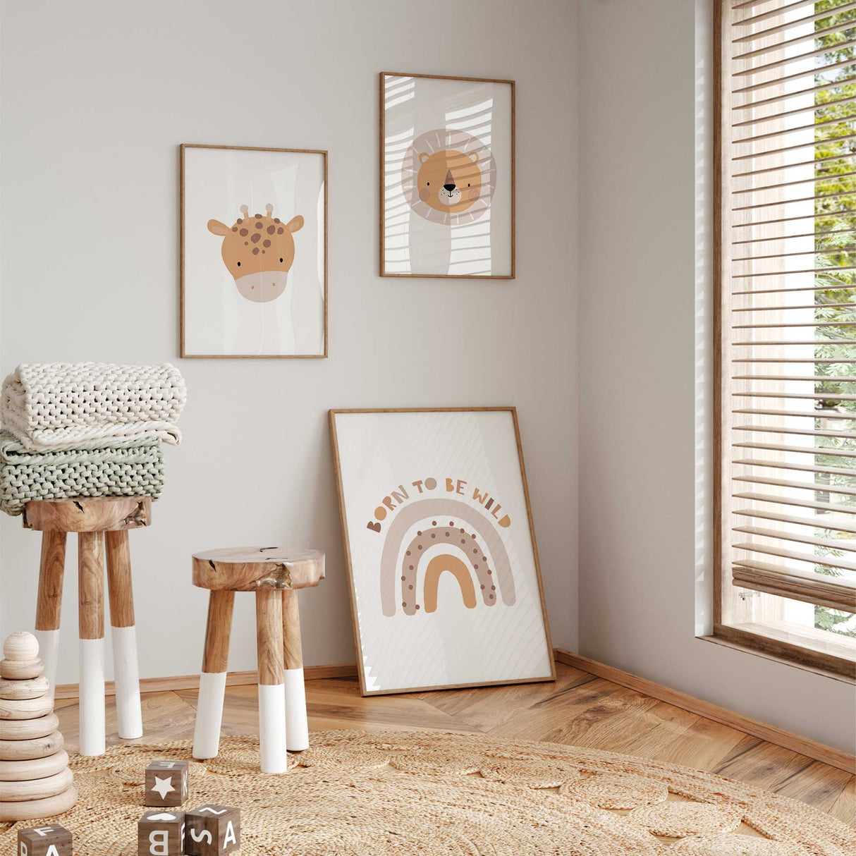 Set of 3 neutral jungle animal nursery prints for safari themed baby room wall decor