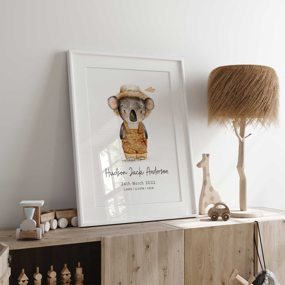 Neutral koala birth announcement print customised with the child’s full name, date, time, weight and length