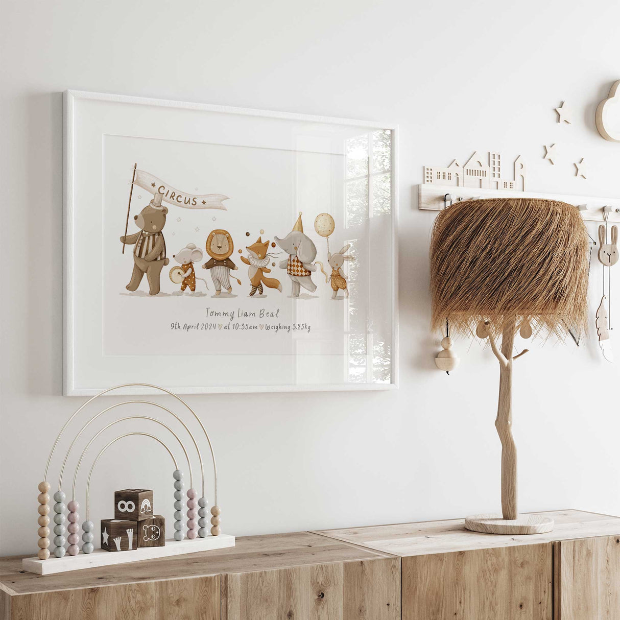 Neutral toned birth details art print with illustrated circus characters and personalised baby information.