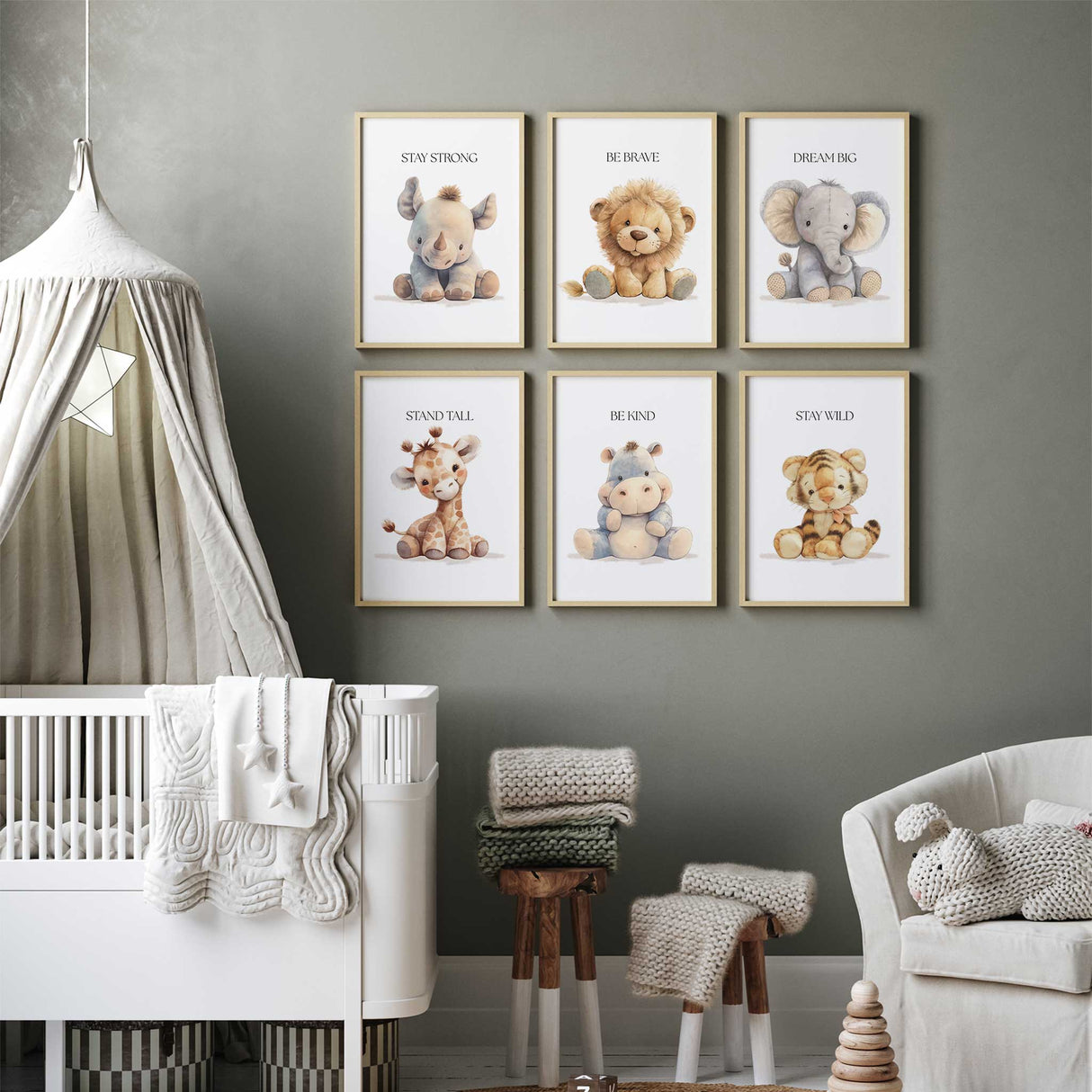 "Set of six neutral safari animal nursery prints with inspirational quotes, perfect as gender-neutral wall decor for children's rooms and baby nurseries."