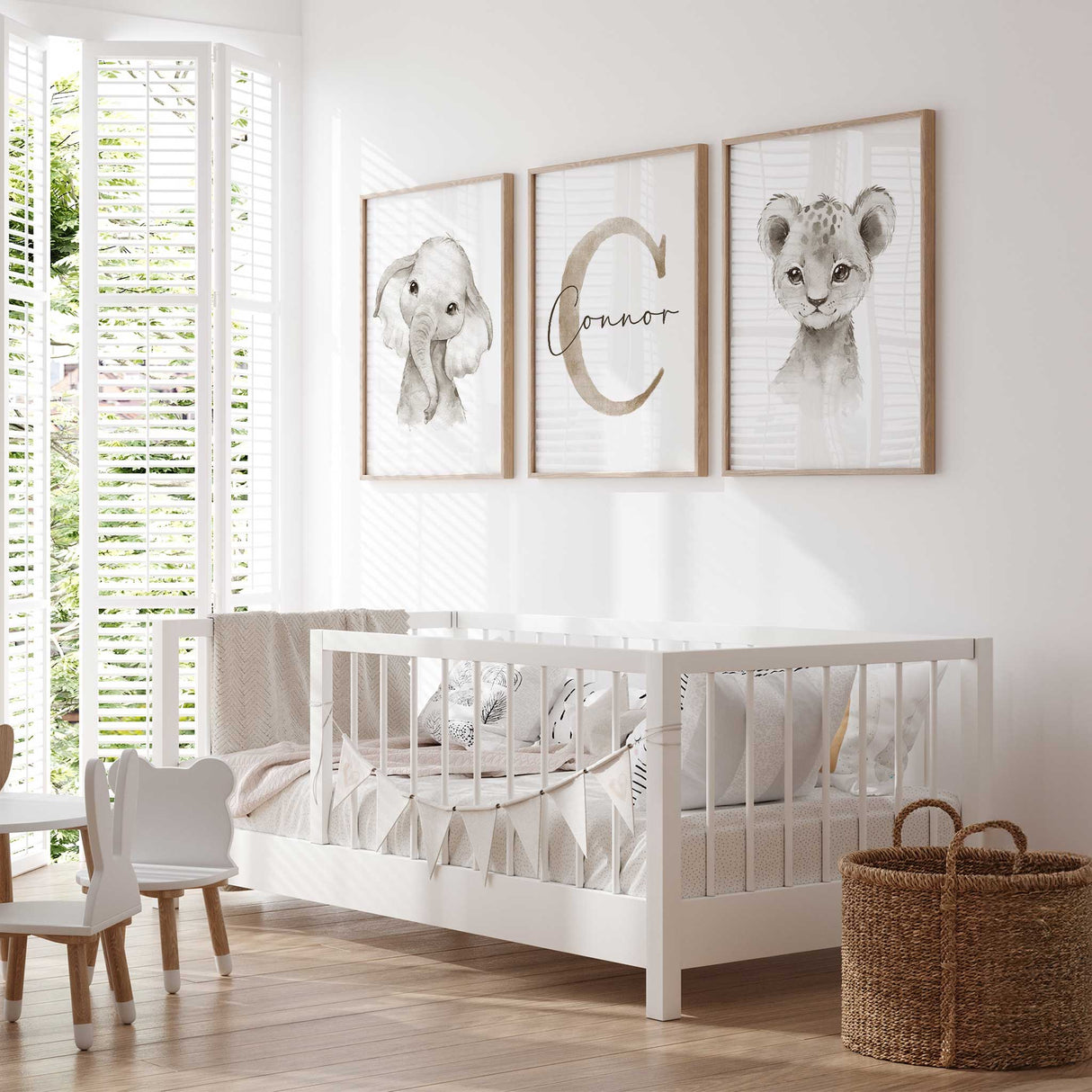 Unframed safari wall art trio in beige for gender-neutral nursery decor