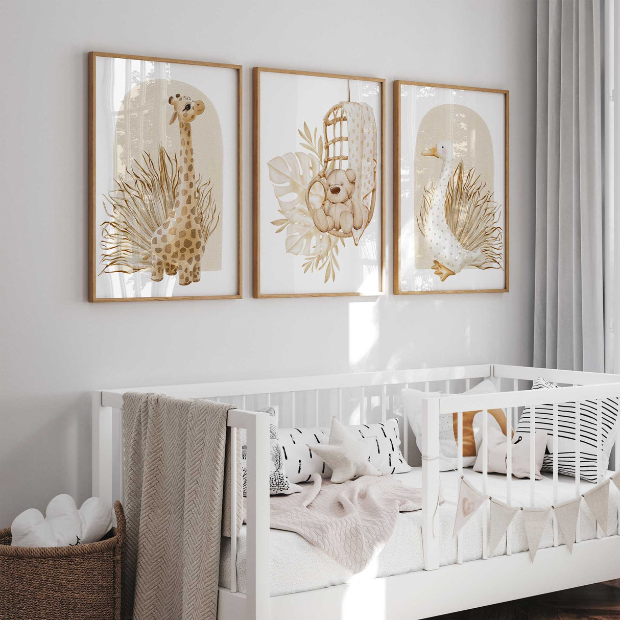 Set of 3 neutral safari nursery prints featuring giraffe, teddy bear, and duck