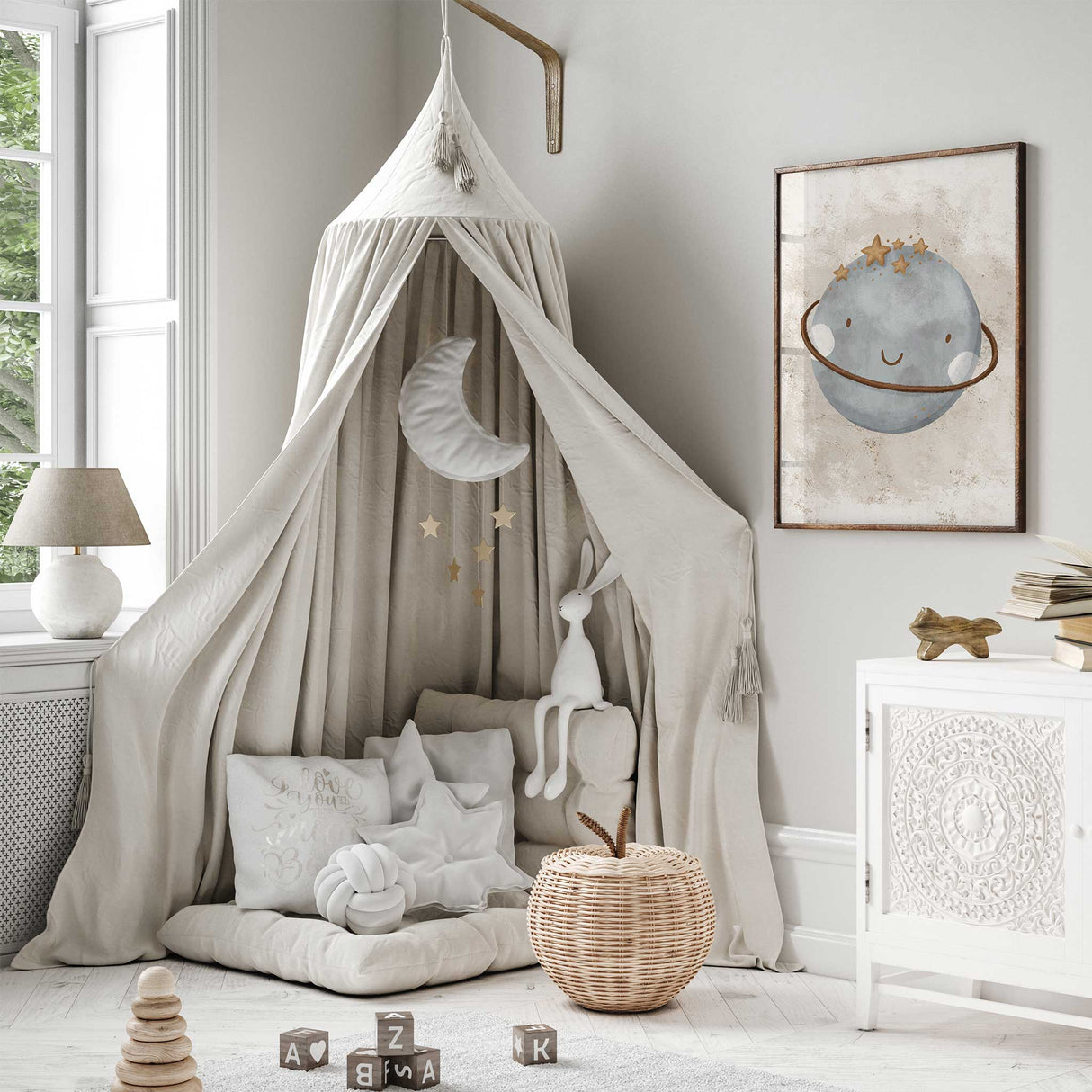 Neutral space themed nursery print with cute smiling planet