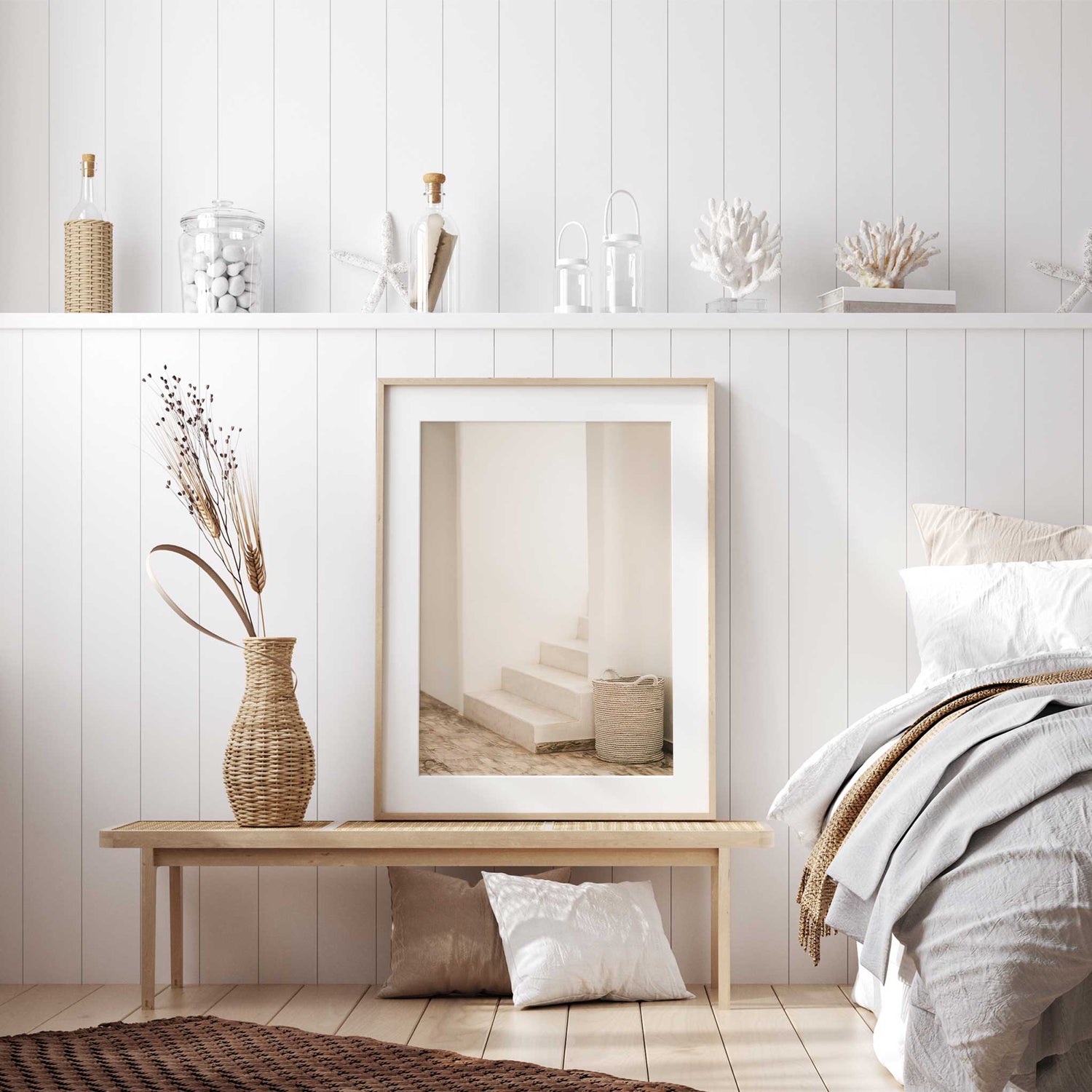 Minimalist staircase wall art print with soft beige tones