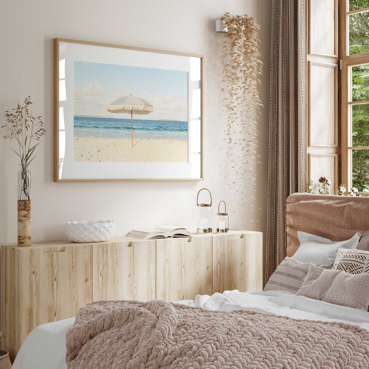 Neutral-toned summer ocean print with a beach umbrella, ideal for modern home decor.
