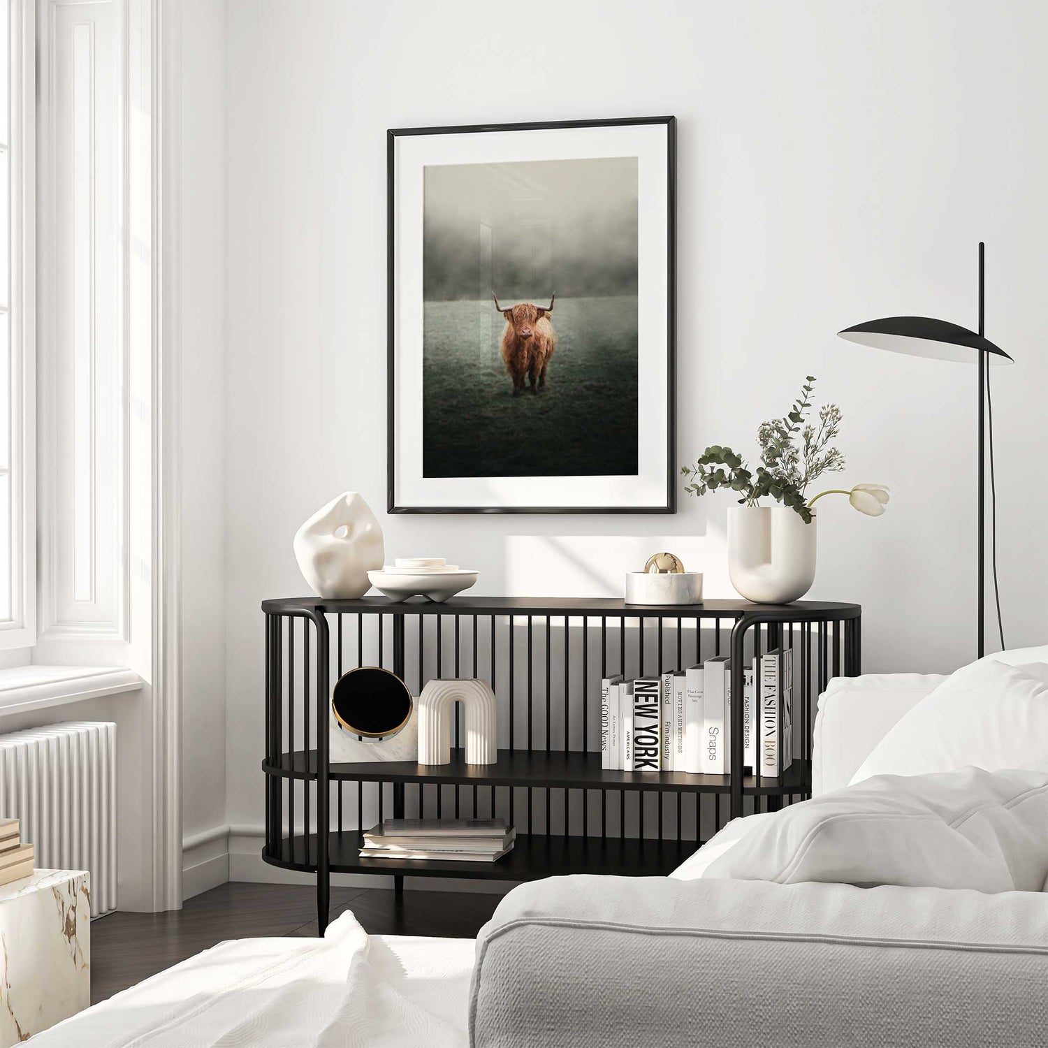 Misty landscape Highland cow print for bedroom