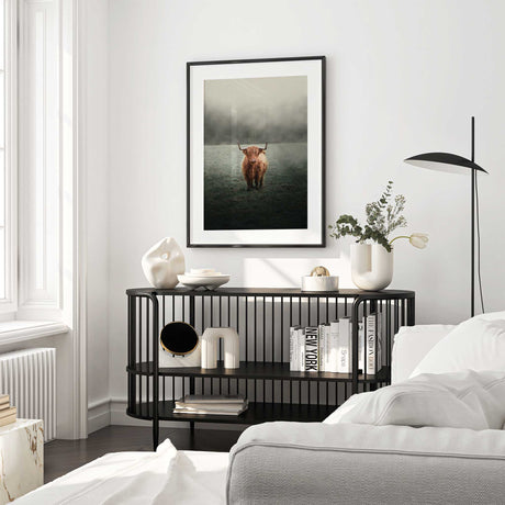 Misty landscape Highland cow print for bedroom