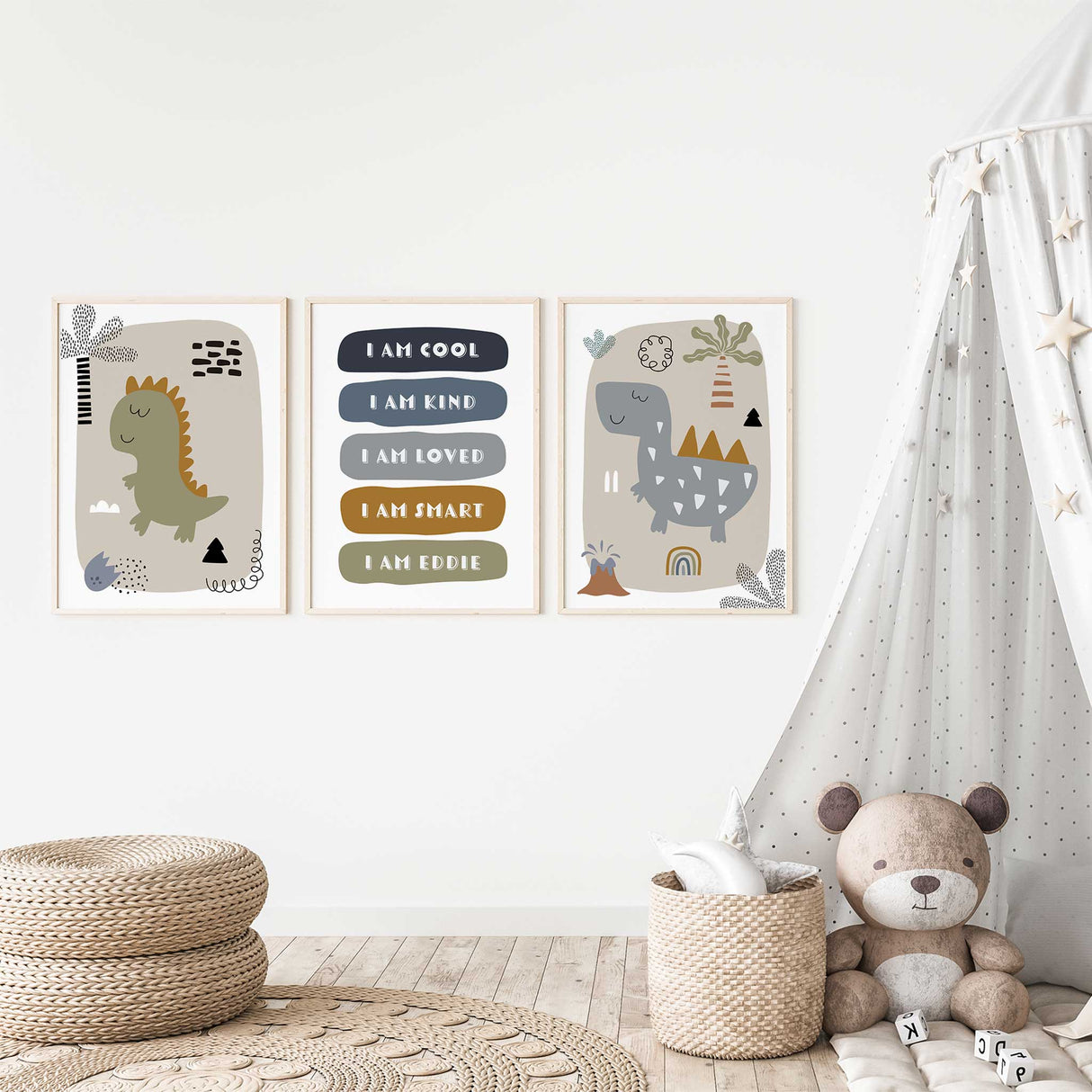 Set of 3 dinosaur prints in neutral, earthy tones for kids' room decor