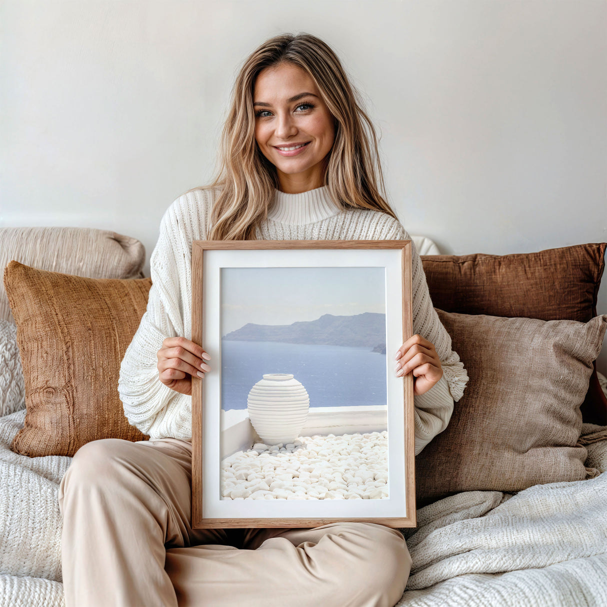 Greek coastal landscape in soft blue and white tones