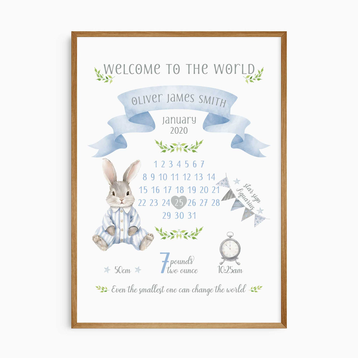 Blue personalised newborn wall art featuring bunny illustration, foliage detail and full birth stats for boys nursery decor.