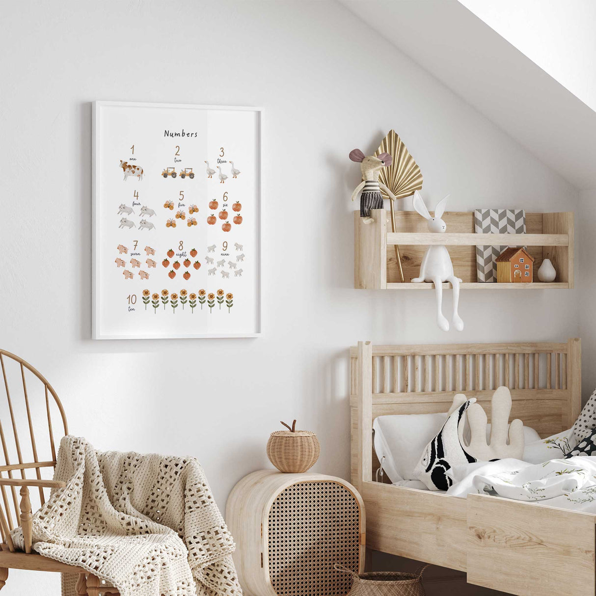 Educational farm numbers wall art with animals and fruit