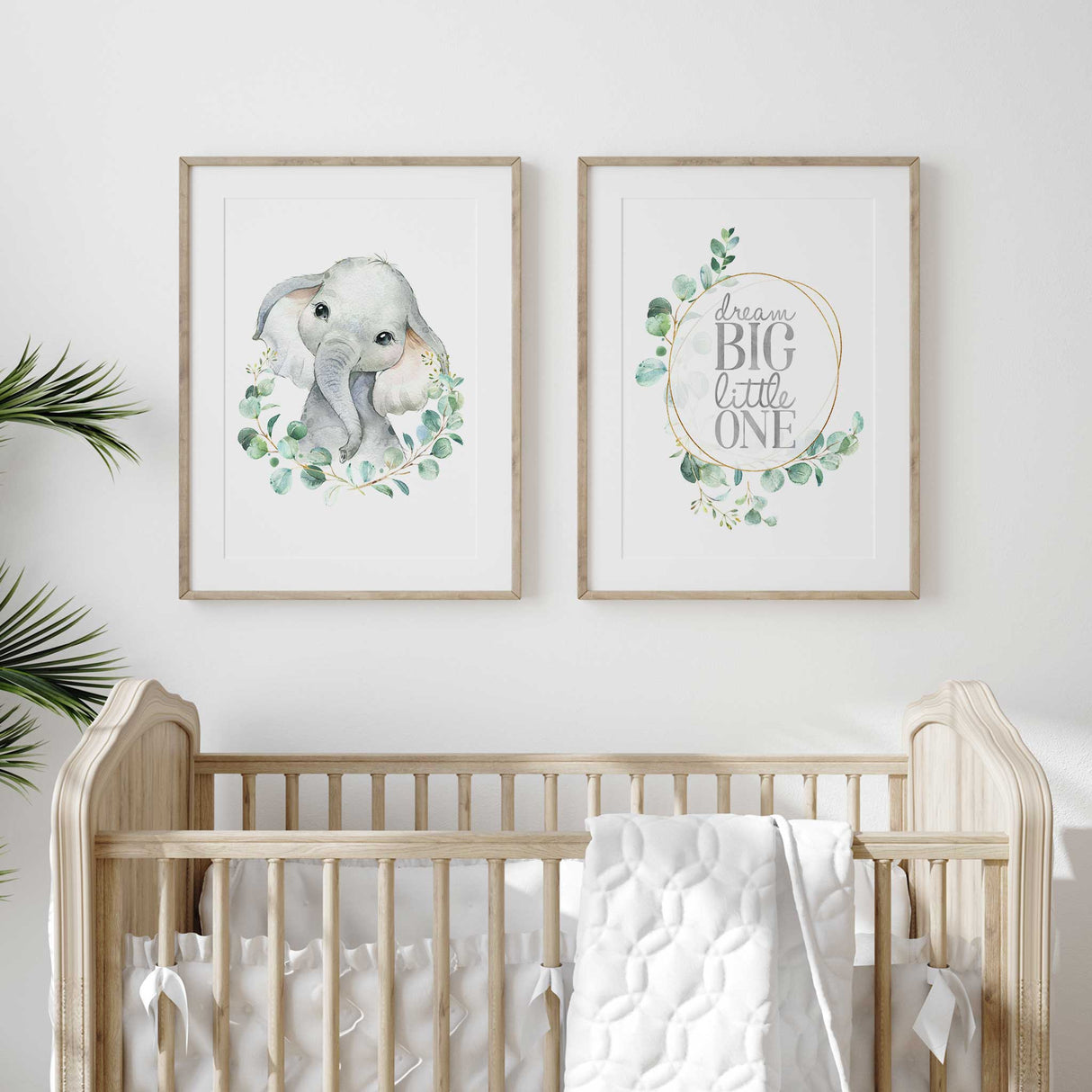 Animal nursery wall art featuring elephant illustration in soft tones.