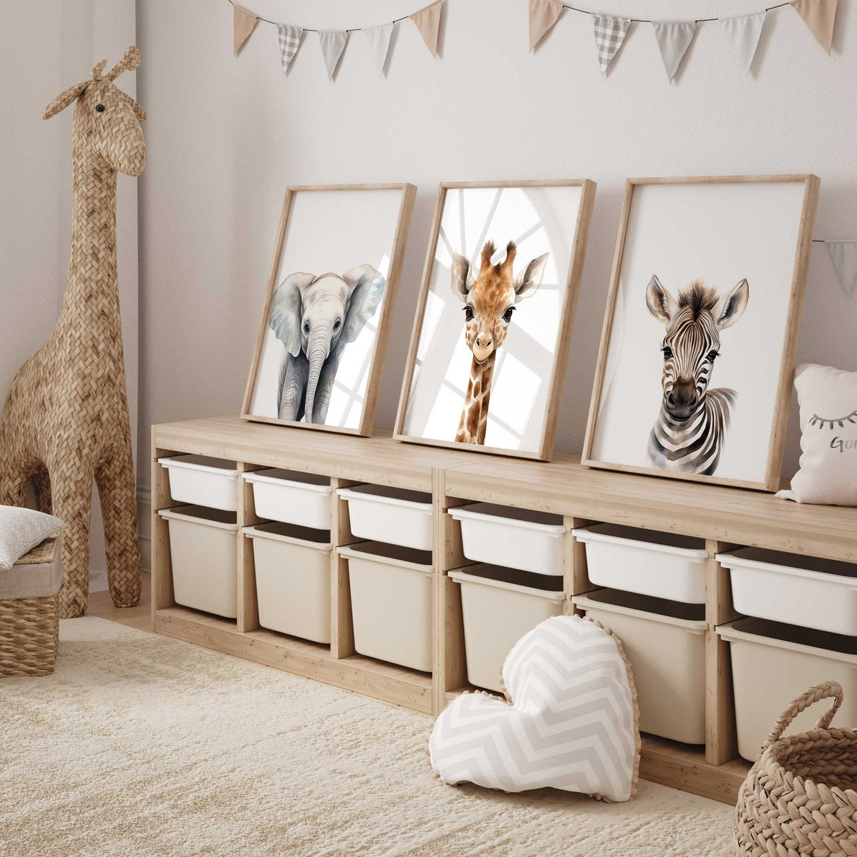 Neutral-toned nursery animal prints featuring safari animals for baby room wall art.