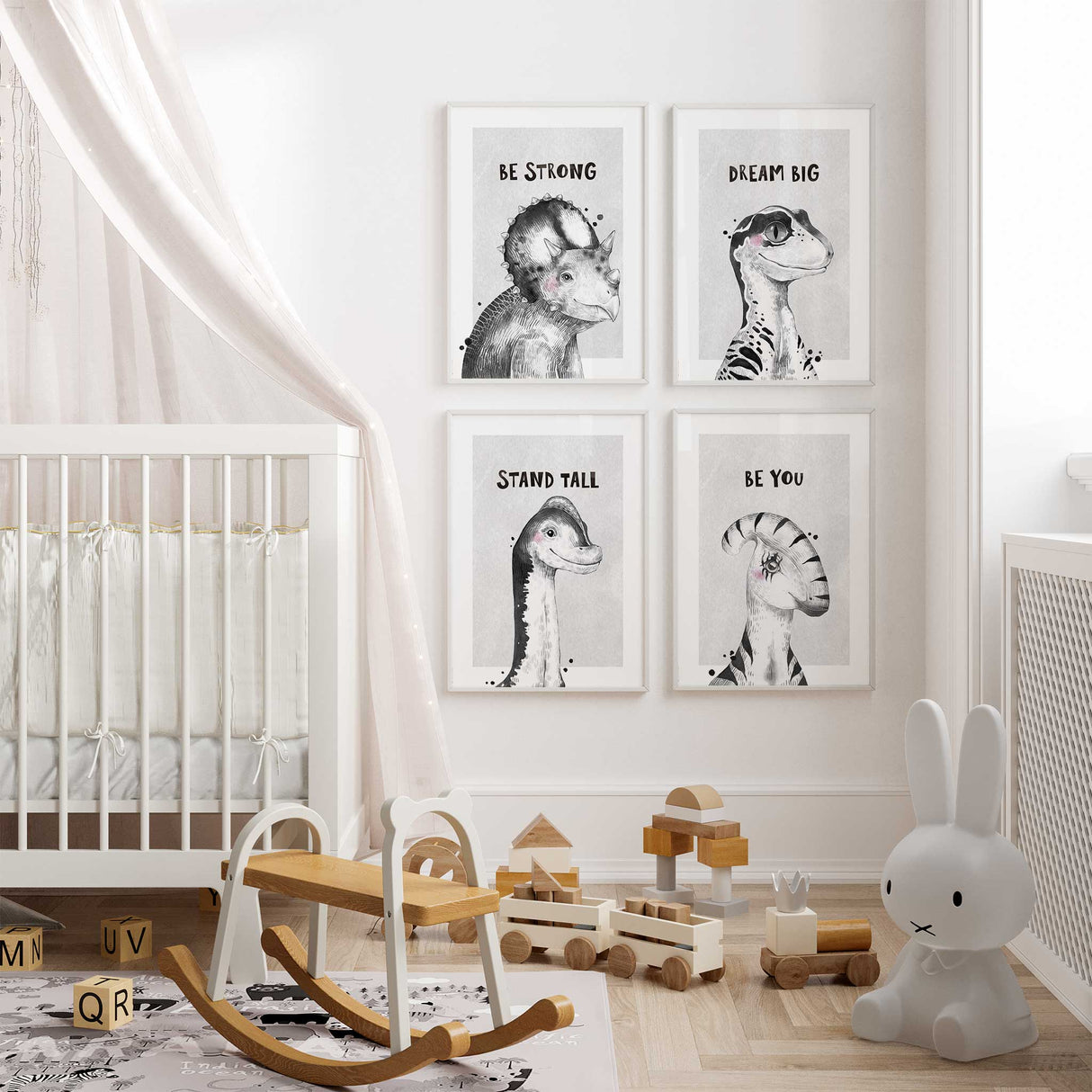 Set of dinosaur wall prints for modern boys nursery or toddler room