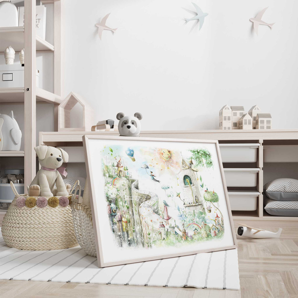 Detailed fairytale poster for kids showing magical landscape with Rapunzel and rainbow