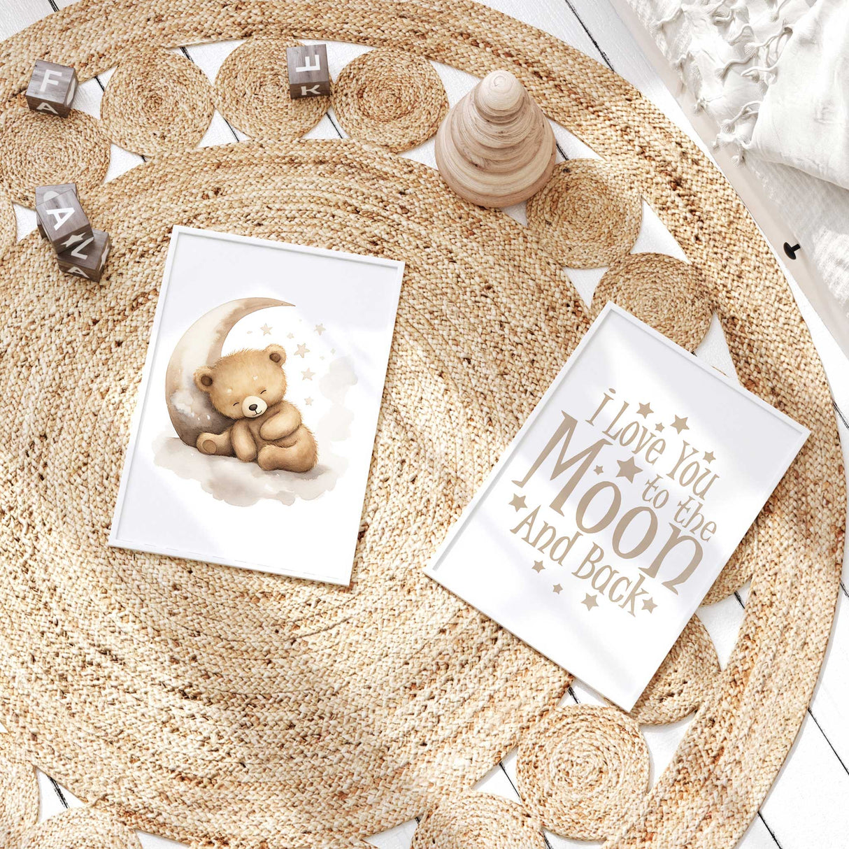 Dreamy baby boy nursery print with a sleepy bear on the moon and stars. Cute and calming baby room wall art gift idea