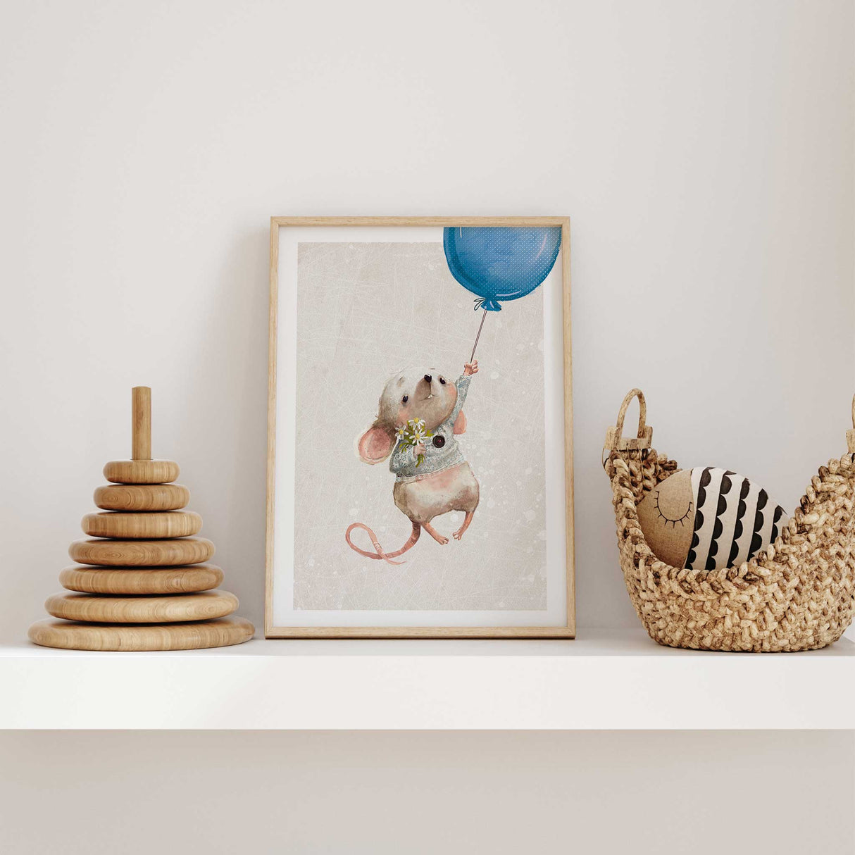 Cute mouse with balloon and daisies nursery art