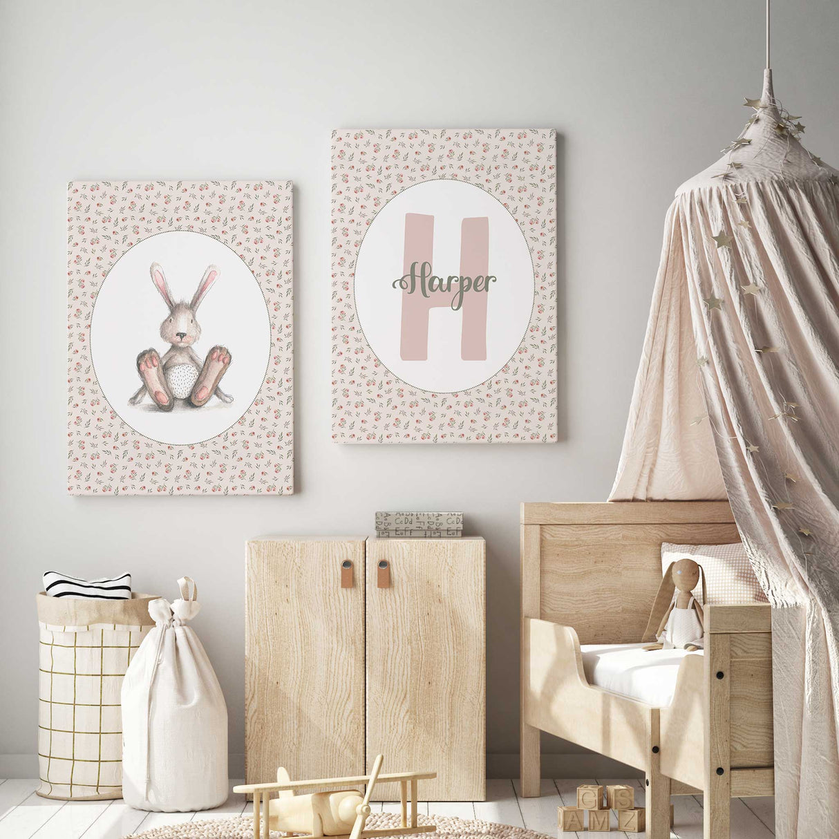 Matching bunny and name art prints for floral-themed nursery decor.