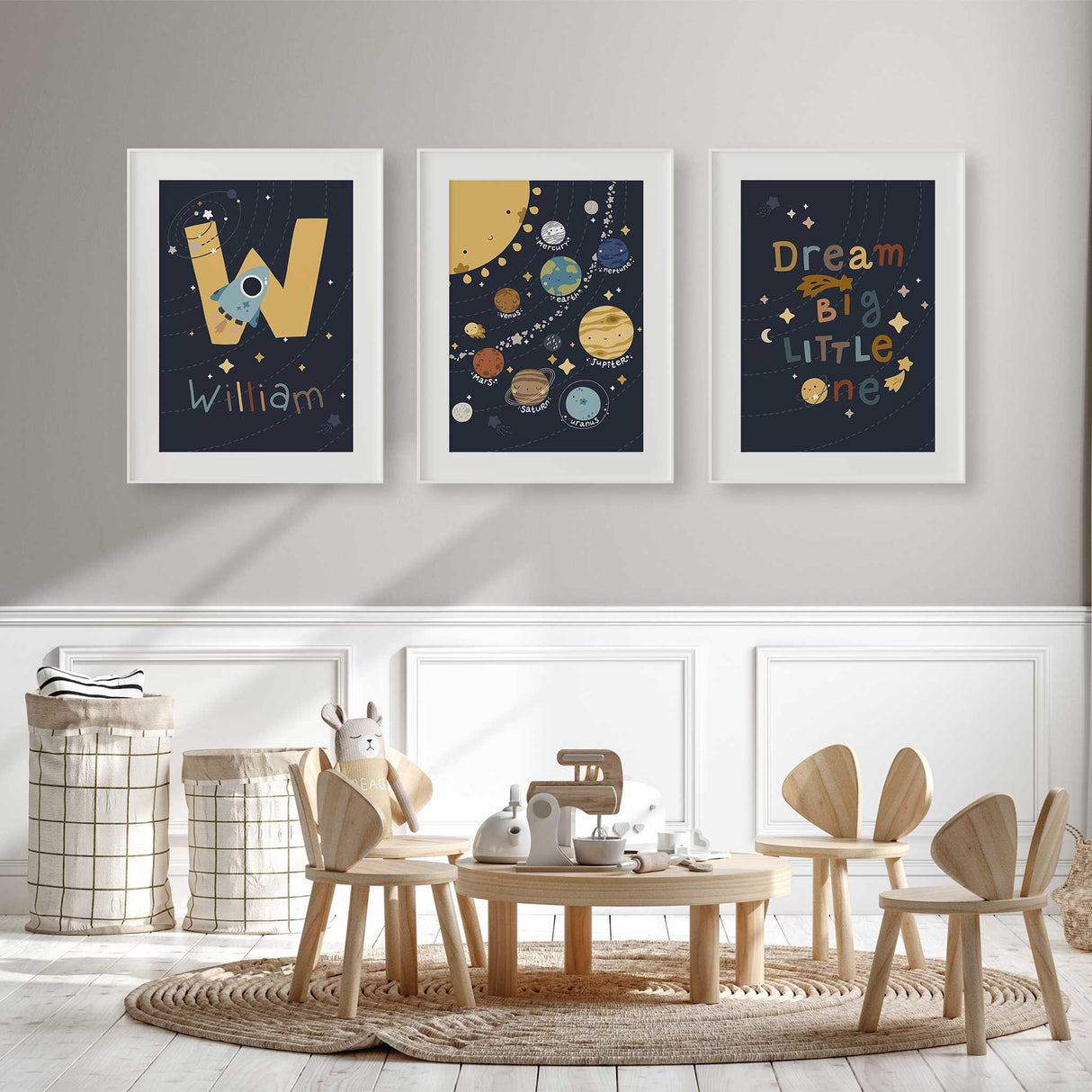 Space themed wall art set for boys nursery or playroom