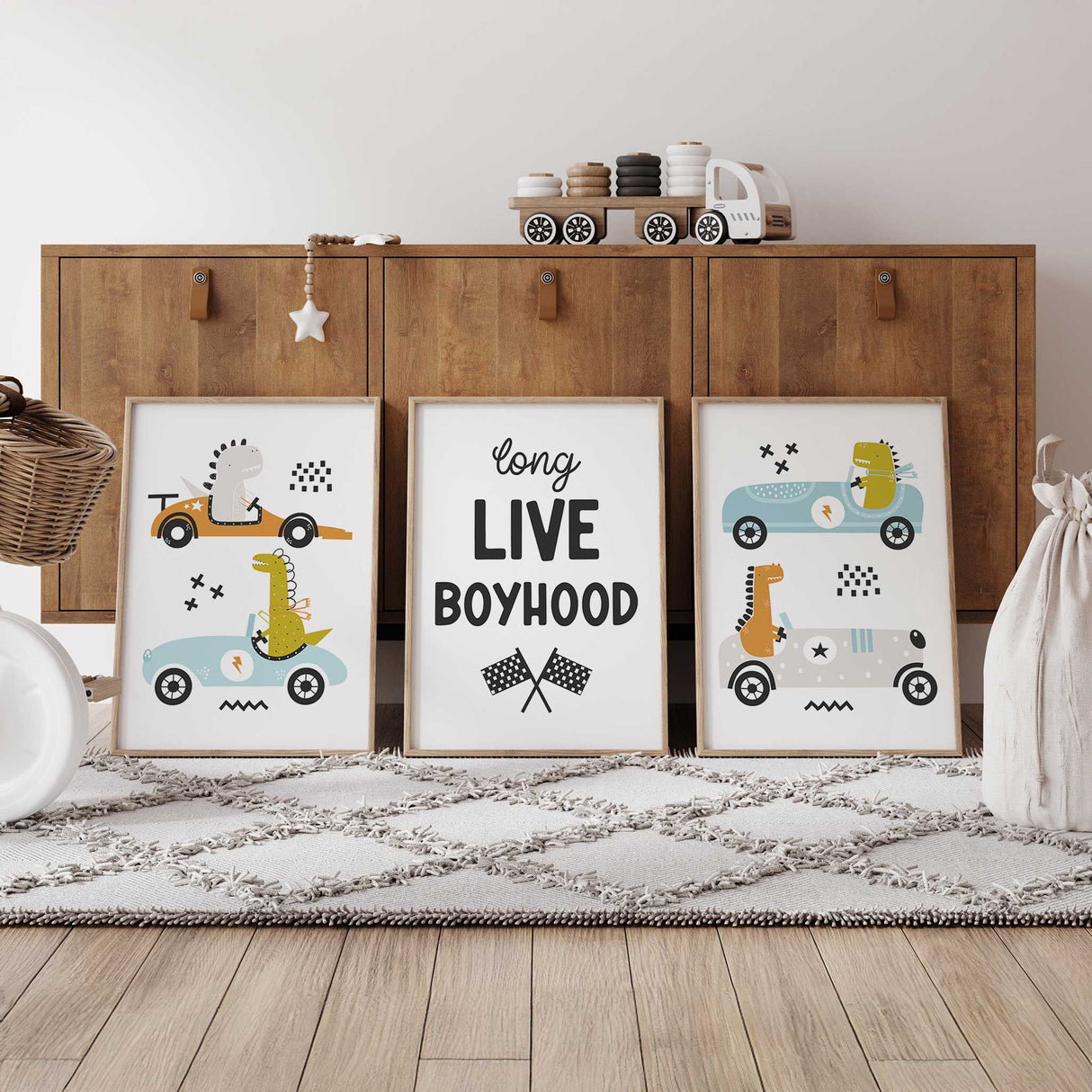 Dinosaur racing car wall art set with colourful vehicles and playful quote