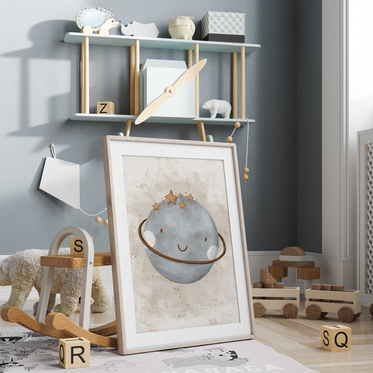 Smiling planet nursery wall decor with neutral background