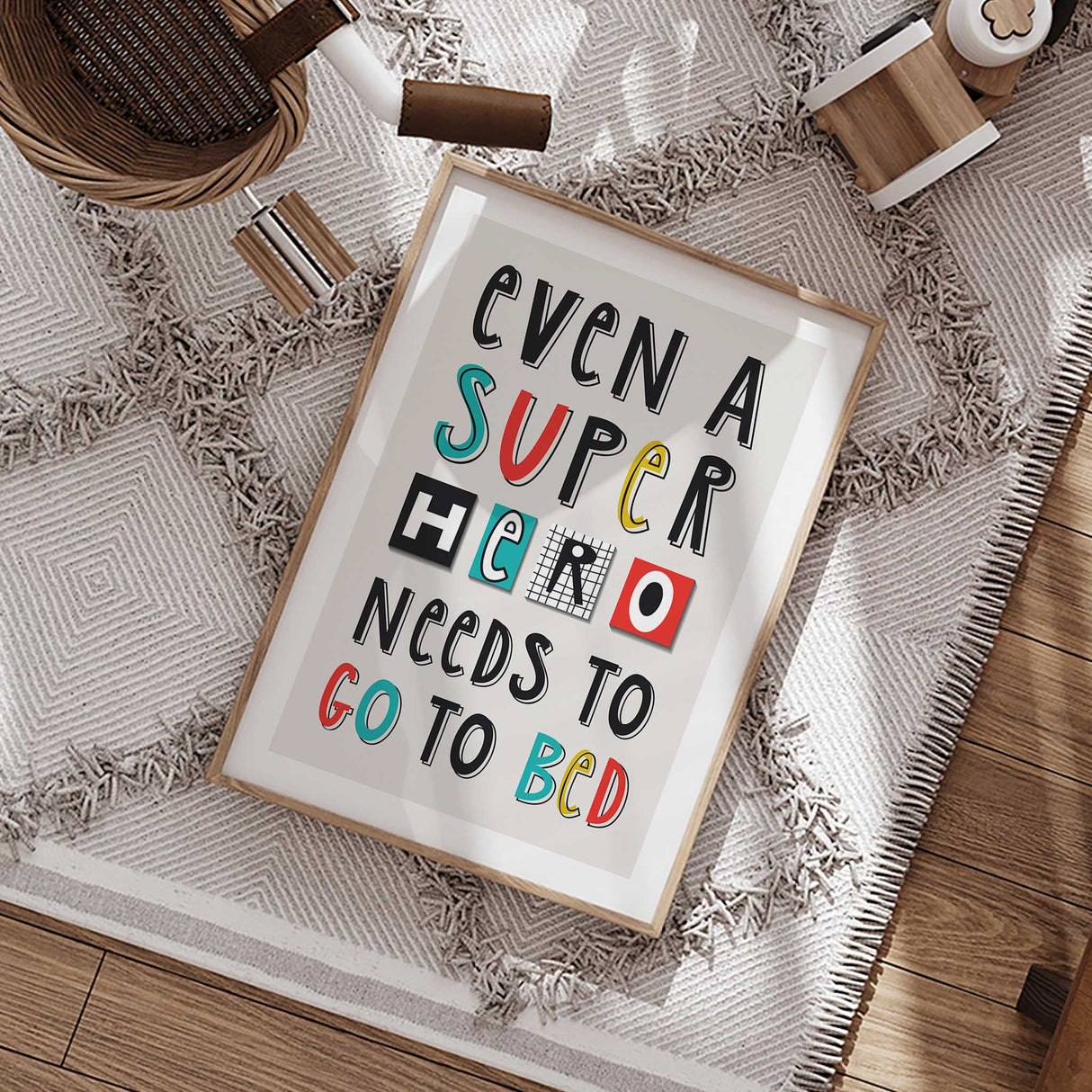 Bold typography wall print for boys or girls superhero-themed bedroom.