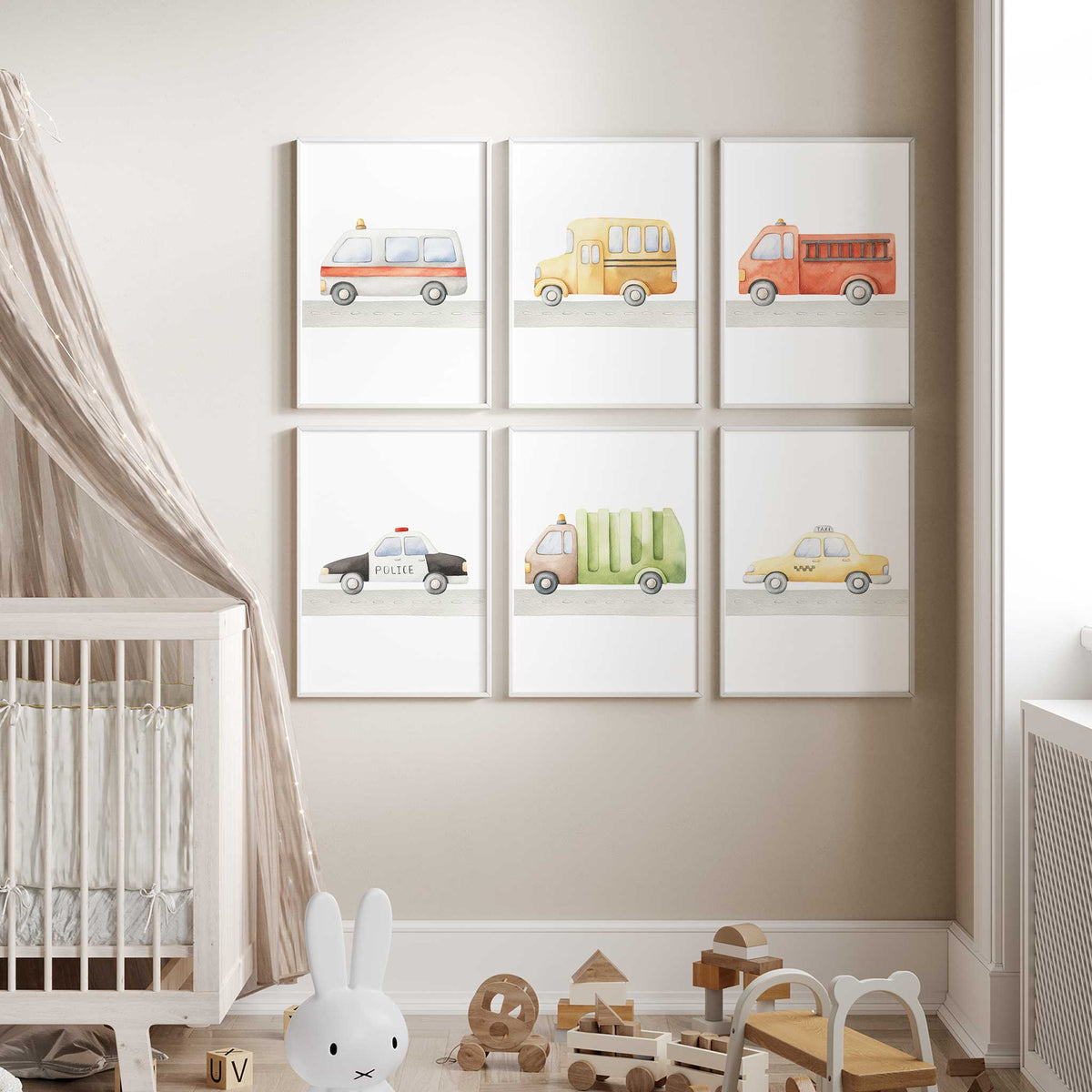 Watercolour transport print set featuring an ambulance, school bus, fire truck, police car, rubbish truck and taxi.