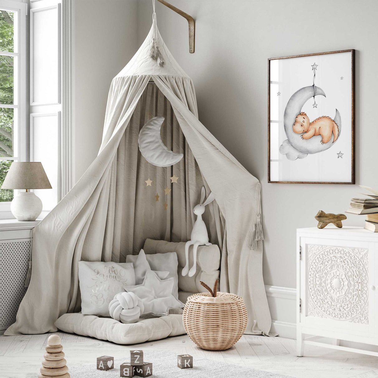 Boys and girls room dinosaur print with moon and stars, nursery decor