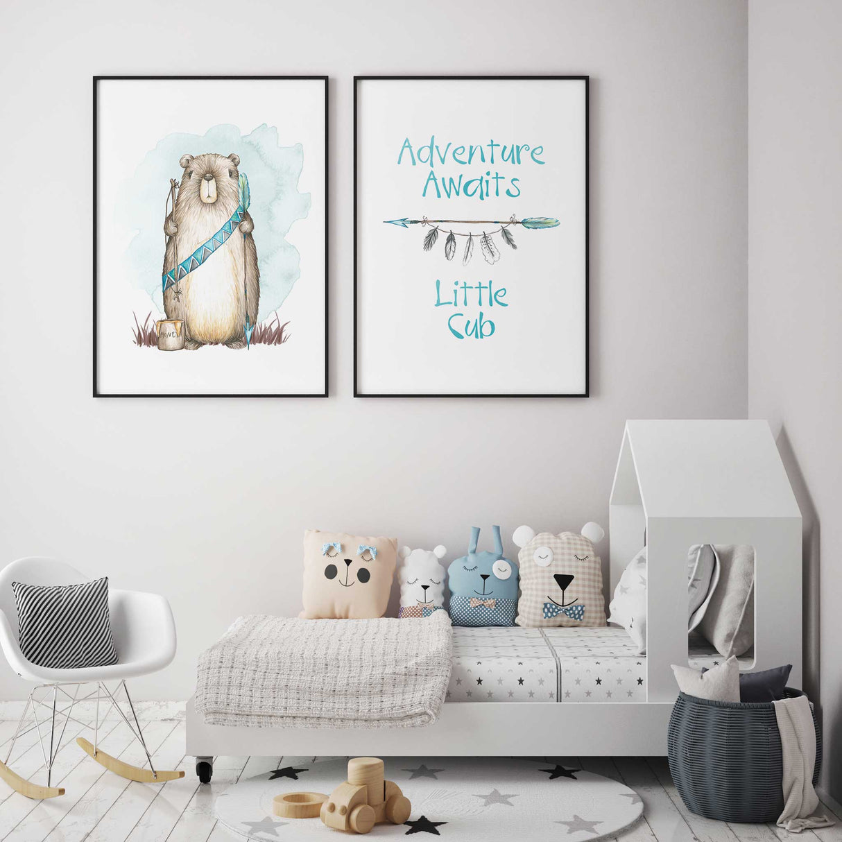 Unframed nursery print set for boys or girls featuring bear and adventure message in watercolour style