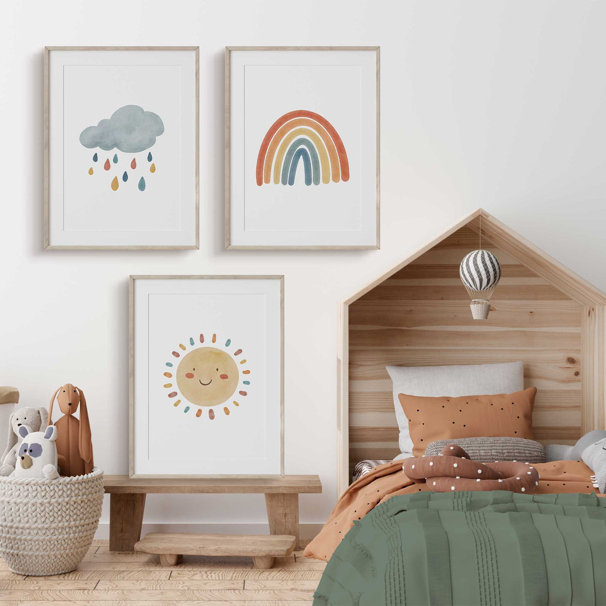 Nursery wall art set of sun, rainbow, and cloud prints for children’s rooms