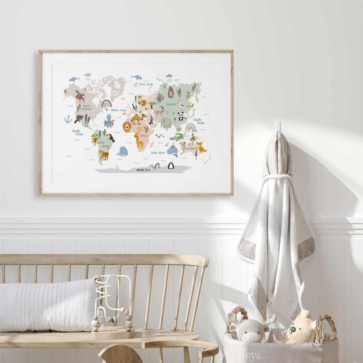 Nursery world map animal illustration in soft neutral colours