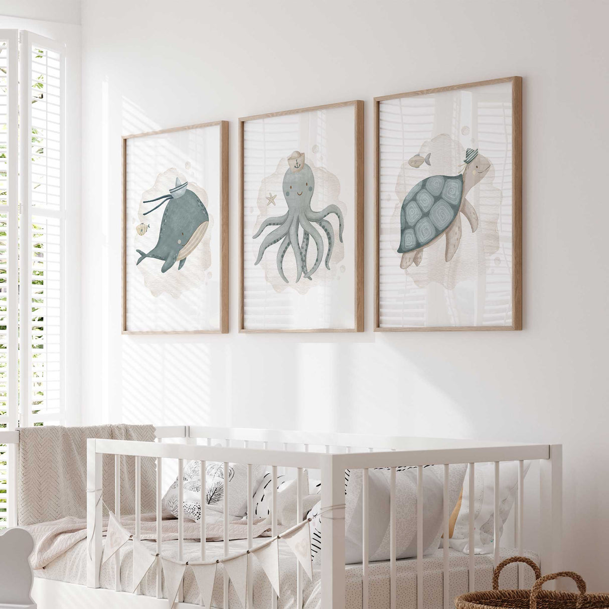 Turtle octopus and whale artwork in soft blue tones